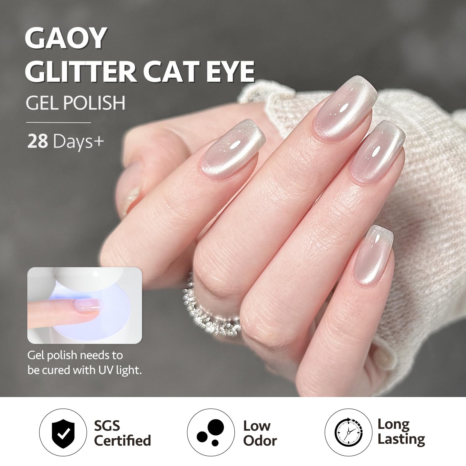 GAOY Glassy Cat Eye Gel Nail Polish, 16ml Glitter Holographic UV Gel Polish with Magnet, Reflective Translucent, 2341 Silvery Moonlight