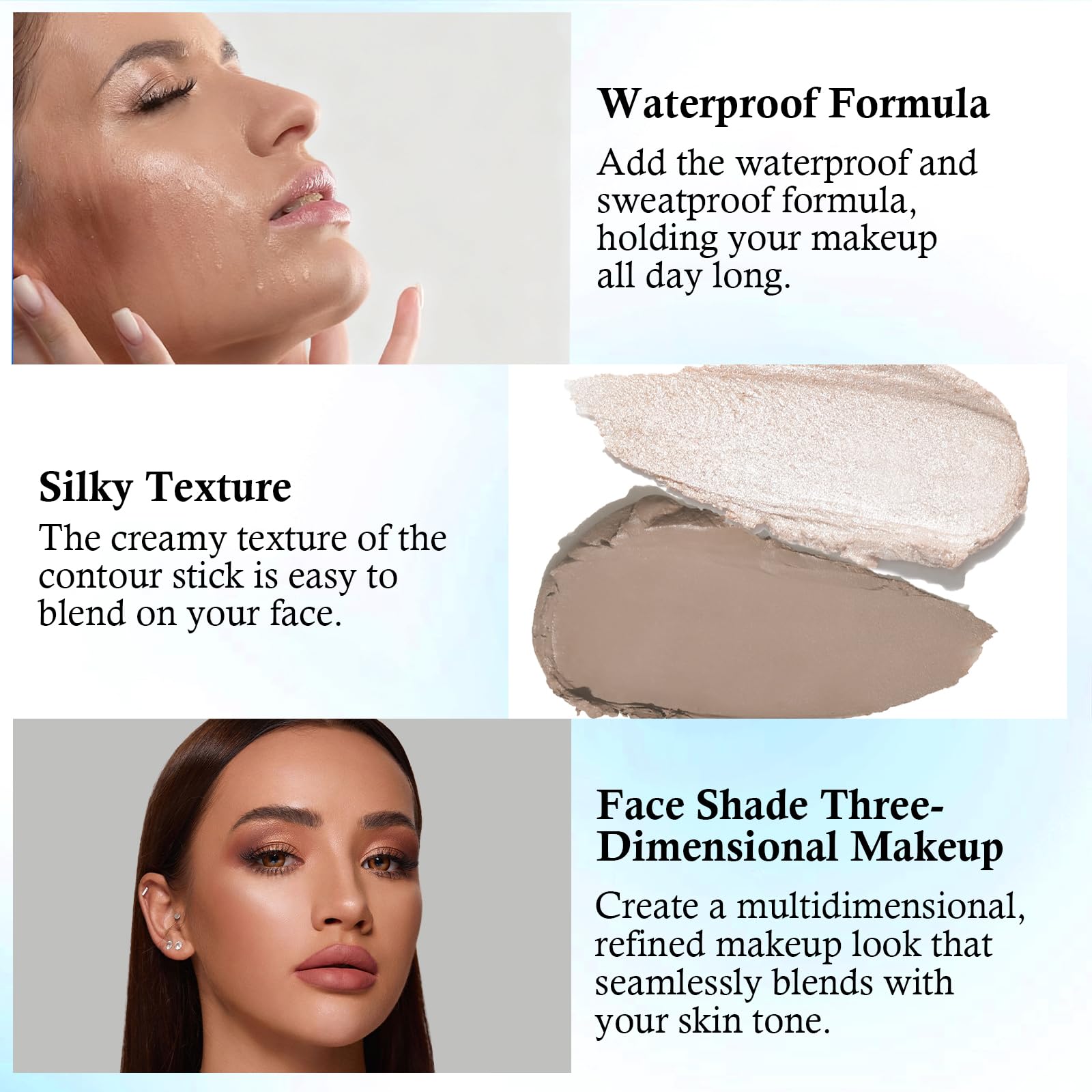 HOSAILY Dual Ended Cool Toned Contour&Champagne Shimmer Highlighter Stick, Cold Grey Creamy Long Lasting Bronzer&Brightener Pen, Blendable Smooth Nose Contouring Stick for Pale Fair Skin Facial Makeup