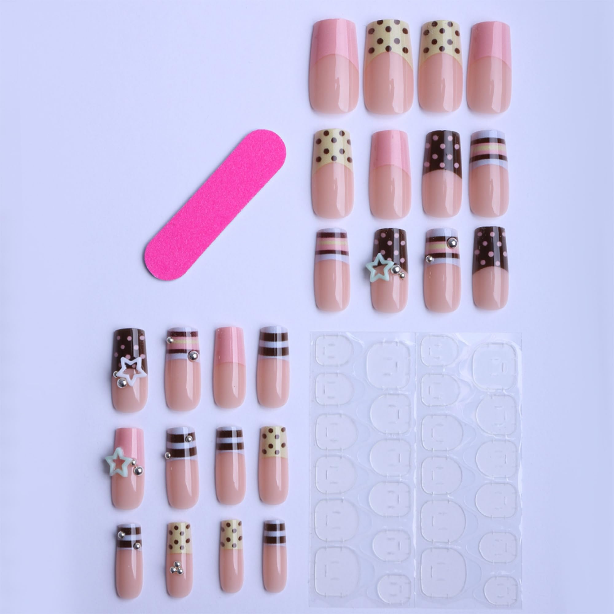 octoswave Long Square Press on Nails - Cute Pink Brown Y2K Fake Nails with 3D Stars Polka Dots - 24 Pcs False Nails Kit with Adhesive Tabs