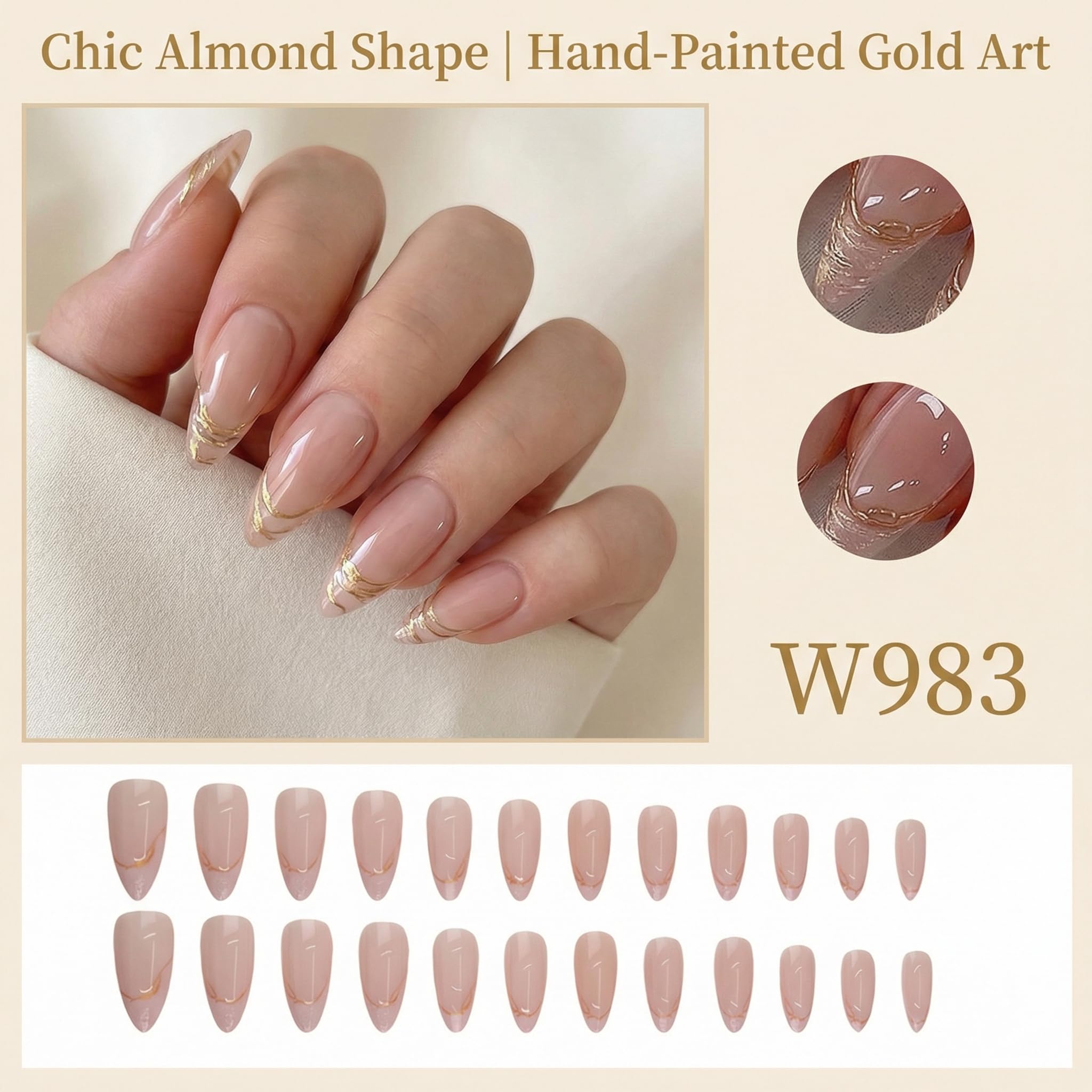 Press-On False Nails, 24pcs Trendy Womens Fashion Almond Shape French Tip Nails, Glossy Nude Pink Gold Glitter Quiet Luxury Envogue Parisian Chic Style For Date Night And Classy Outfits For Women