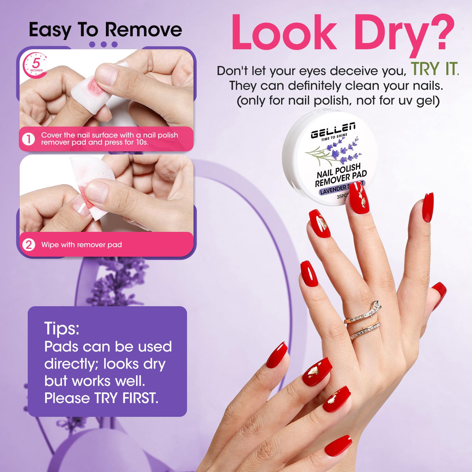 Gellen Nail Polish Remover, Dip Twist Sponge Nail Polish Remover Pot For Fingernail Toenail, Non-Acetone Fragrance Free, 5-9s Quick Removal, Lavender Scent No drying Formula Shea Butter & Vitamin E