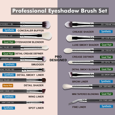 Bueart Design 15Pcs Pro Natural Hair Eyeshadow Makeup Brush Set kits for powder cream liquid eyeshadow blending, Luxury Professional Goat and Pony Hair Bristles Precision eyeshadow brushes