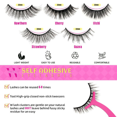 Self Adhesive Eyelashes 5 Pairs Self Sticking Lashes Reusable with Lash Tweezers False Eyelashes Natural No Glue Needed Just One Step at Home (Mix)
