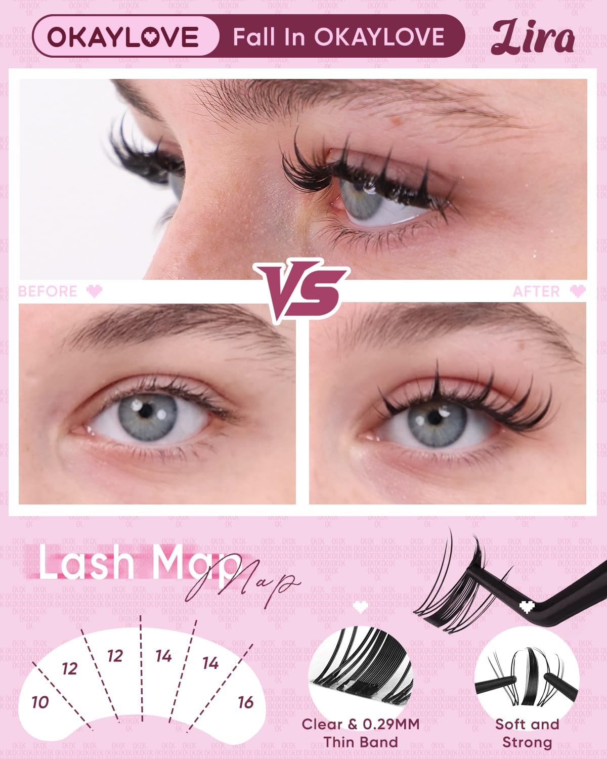 OKAYLOVE Manga Lash Clusters with Spikes, LIRA 8-18mm DIY Cluster Eyelash Extensions Kit, 140pcs CC Curl Clear Band Individual Lashes with Lash Bond and Seal, Remover, Lash Tweezers