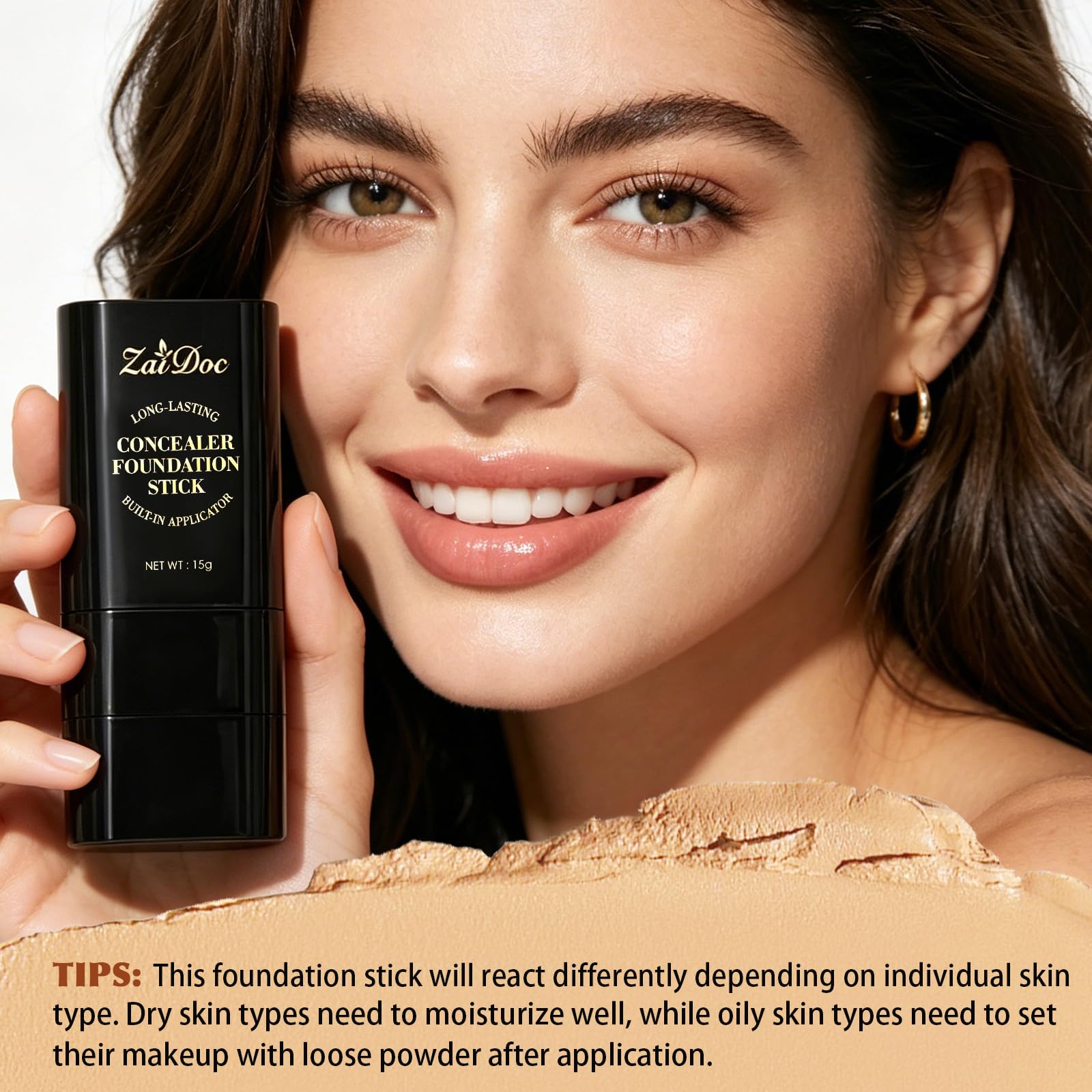 Zaidoc Foundation Stick, Dual-Ended with Brush, 2-in-1 Longwear & Waterproof, Natural Full Makeup Concealer Coverage for Dark Circles & Blemishes with Hydrating Olive & Camellia, 2.09 oz (04#)