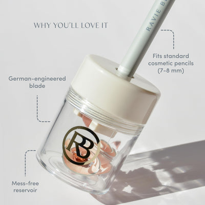 Ravie Beauty Lip and Eye Liner Pencil Sharpener with German Blade and Mess Free Reservoir for Smooth Precise Tips, Travel Friendly for Standard Makeup Pencils
