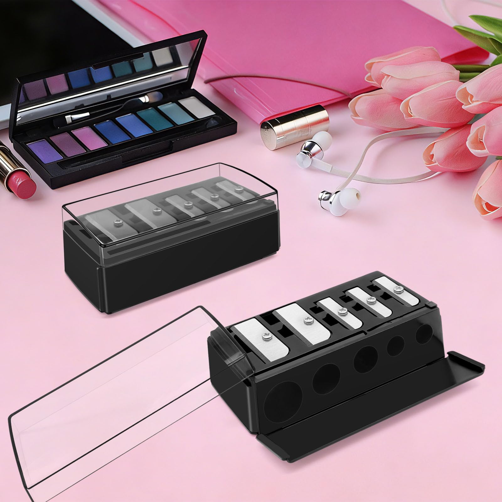 2-Pack 5 Hole Cosmetic Pencil Sharpener, Makeup Pencil Sharpener with Lid-Long Point Eyeliner Sharpener,Eyebrow and Lip Liner Sharpener for Women,Portable Manual Makeup Tool (Black)