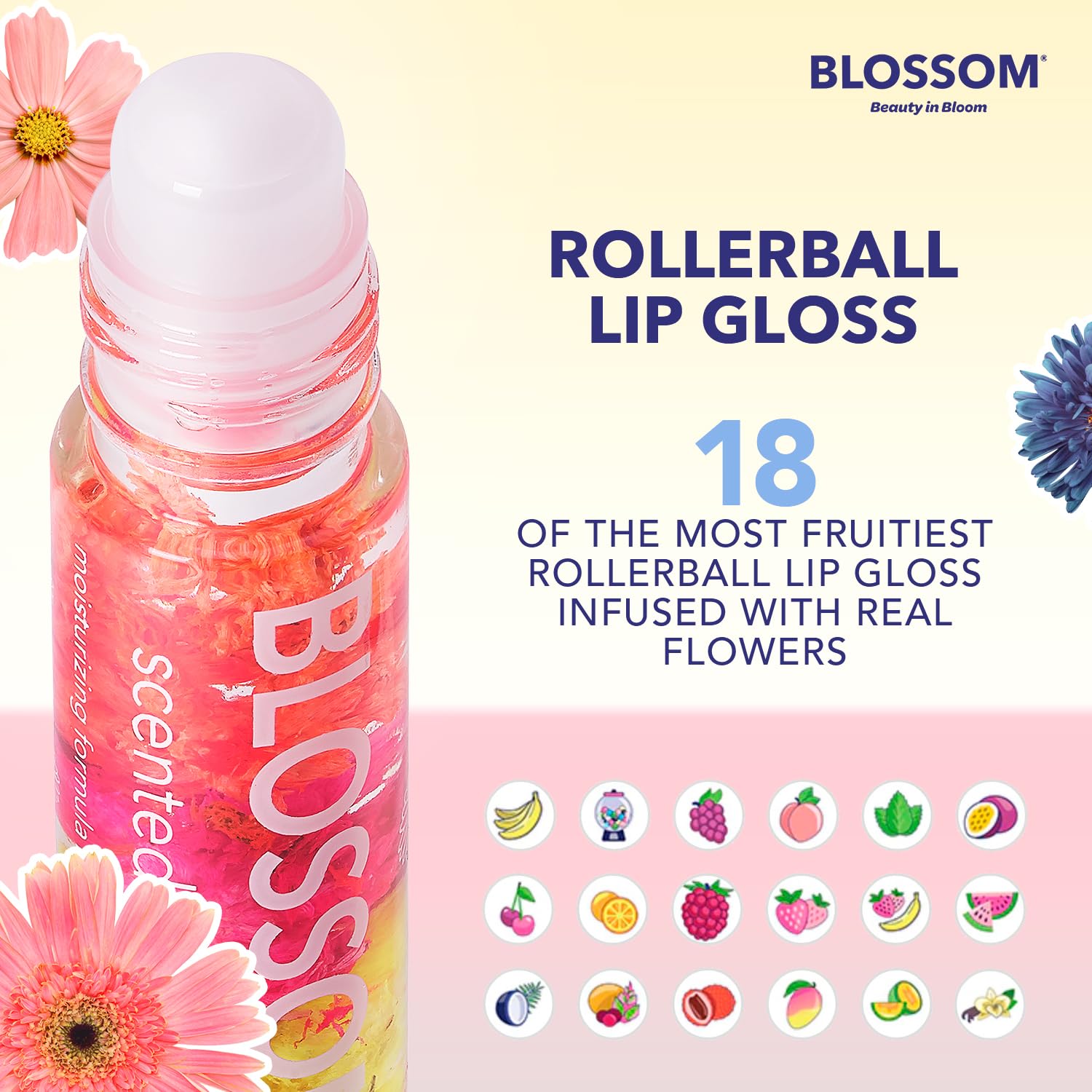 Blossom Roll on Lip Gloss, Scented Clear High Shine Moisturizing Lip Oil, Non Sticky, Infused with Real Flowers, Made in USA, 0.3 fl. oz./9ml, 3 pack Mini Gift Set, Strawberry, Watermelon, Mango