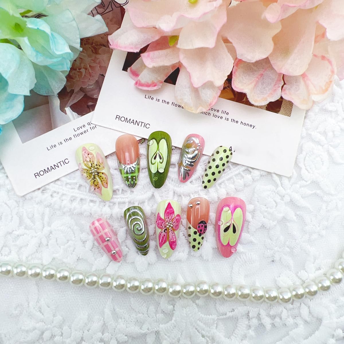 24Pcs Y2k Press on Nails French Tips Long Almond Fake Nails Fruit Polk Dot Glue on nails 3D Flower Cut Apple Design False Nails Full Cover Silver Line Handmade Nail for Women Decor