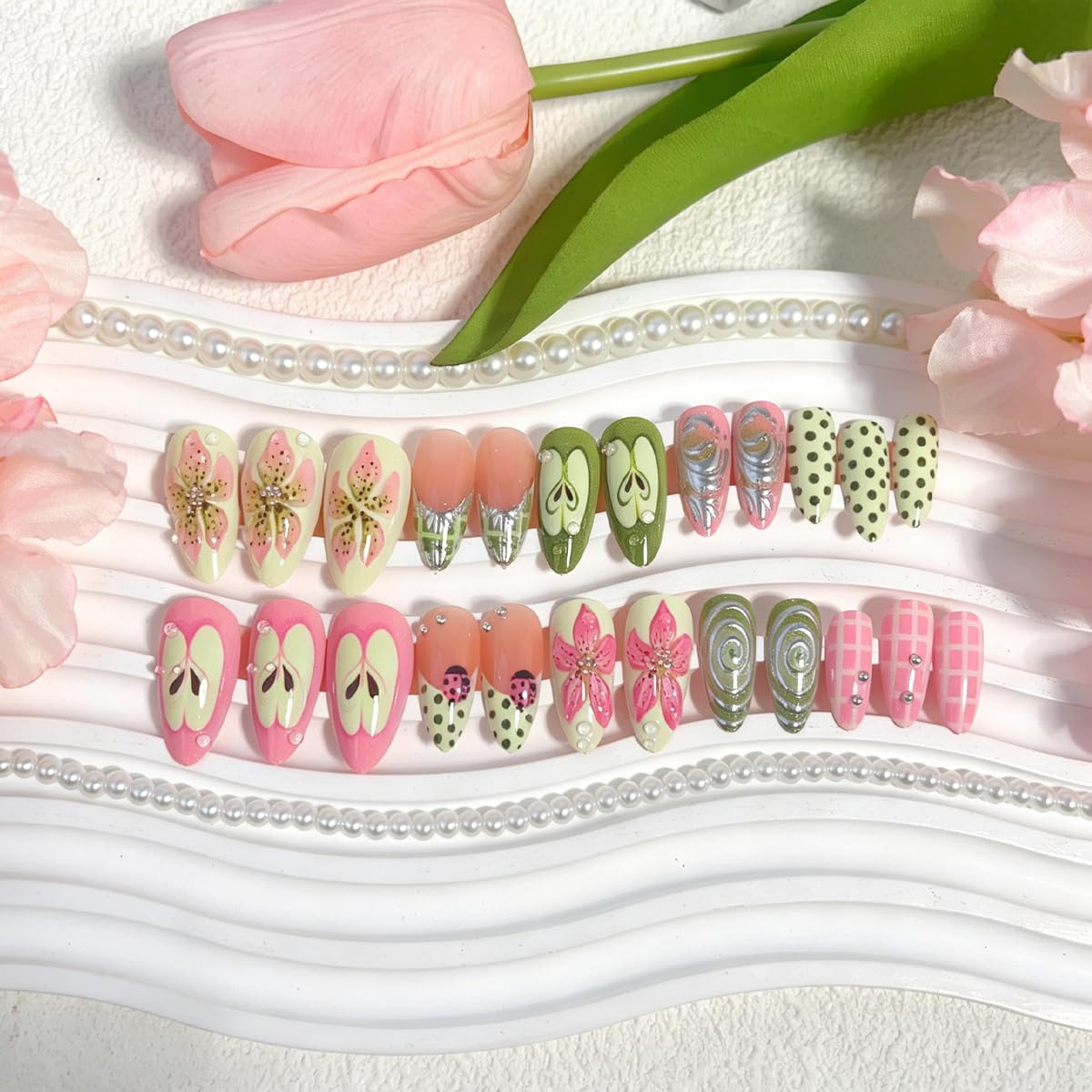 24Pcs Y2k Press on Nails French Tips Long Almond Fake Nails Fruit Polk Dot Glue on nails 3D Flower Cut Apple Design False Nails Full Cover Silver Line Handmade Nail for Women Decor