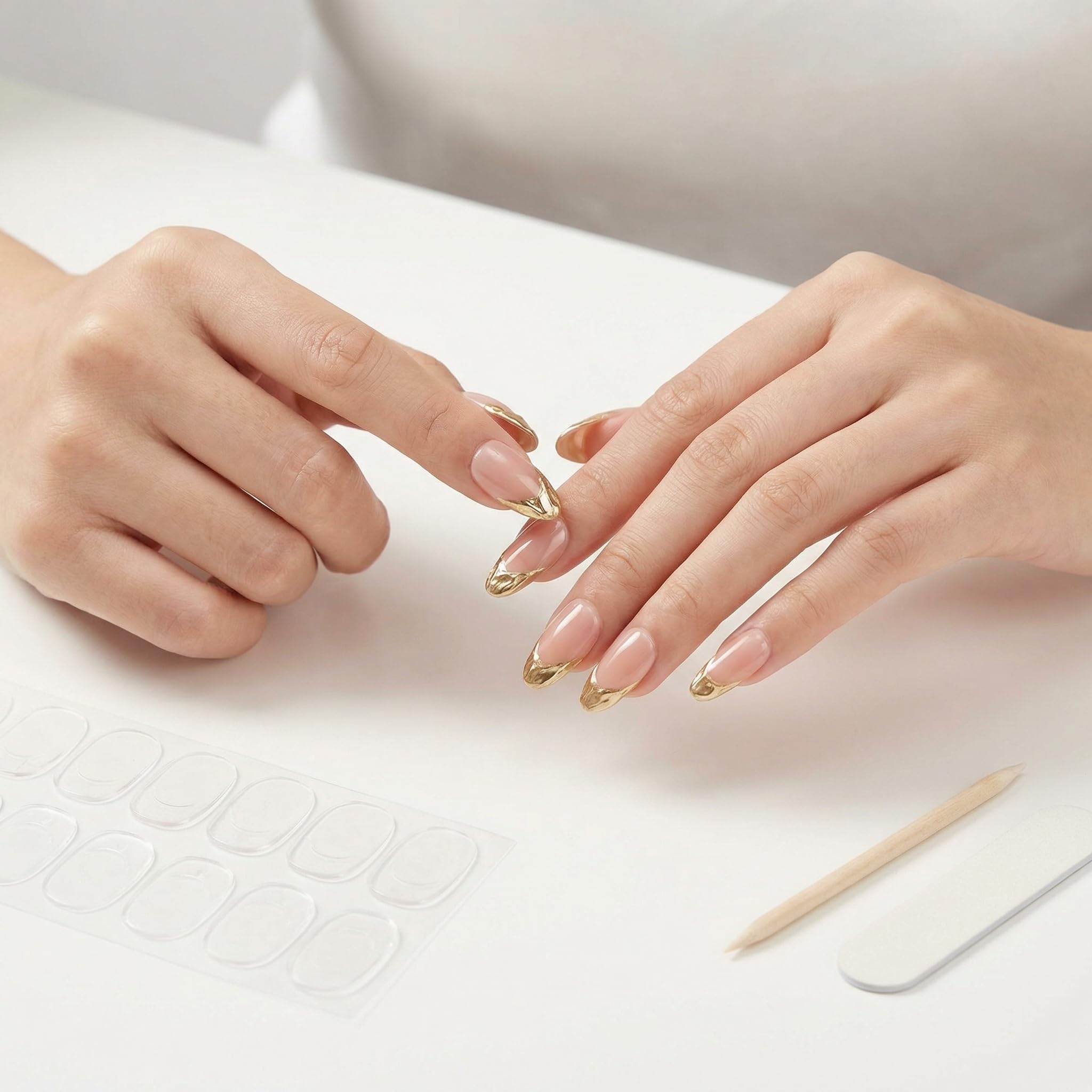 Press-On False Nails, 24pcs Trendy Womens Fashion Almond Shape French Tip Nails, Glossy Nude Pink Gold Glitter Quiet Luxury Envogue Parisian Chic Style For Date Night And Classy Outfits For Women