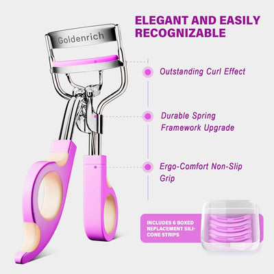 Eye Lash Curler with 6 Boxed Replacement Pads, Goldenrich Eyelash Curlers Painless Perfect Curl, Nice and Easy to Identify-Silver Purple Pink
