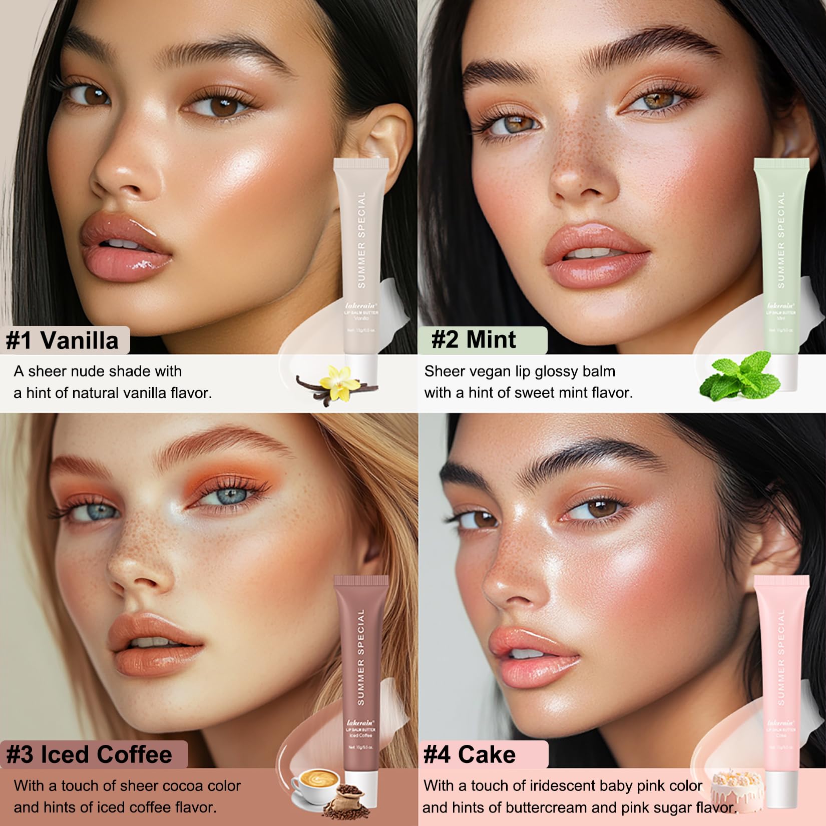 Lakerain 4 PCS Lip Glossy Butter Nourishing Balm,Lightweight,Non-Sticky,Long-lasting Lip Care Set