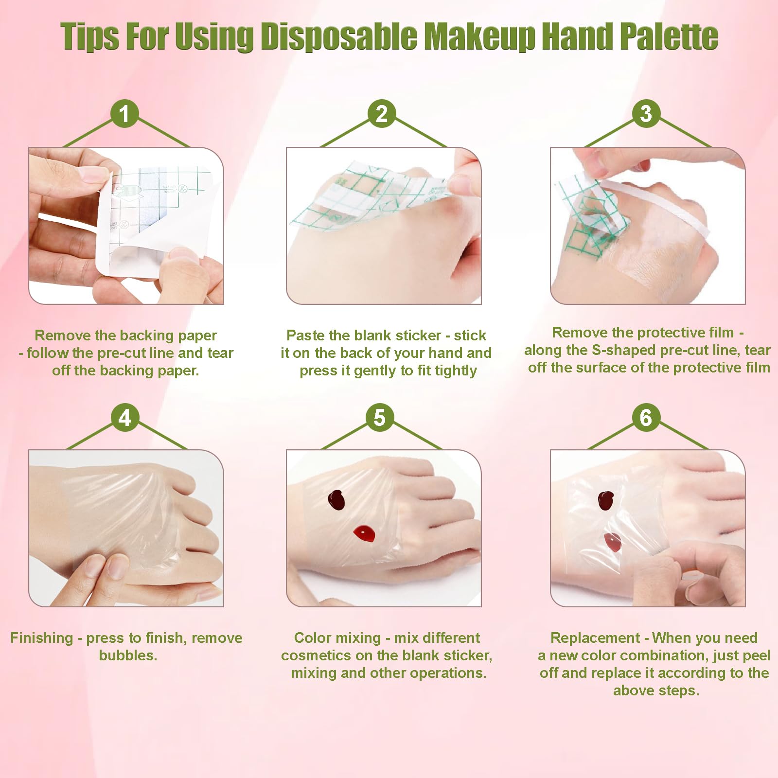 Makeup Mixing Palette Set, Makeup Hand Palette Single Use Makeup Mixing Tray Disposable Adhesive Cosmetic Makeup Palette Transparent Makeup Tape, Stainless Steel Foundation Mixing Palette with Spatula