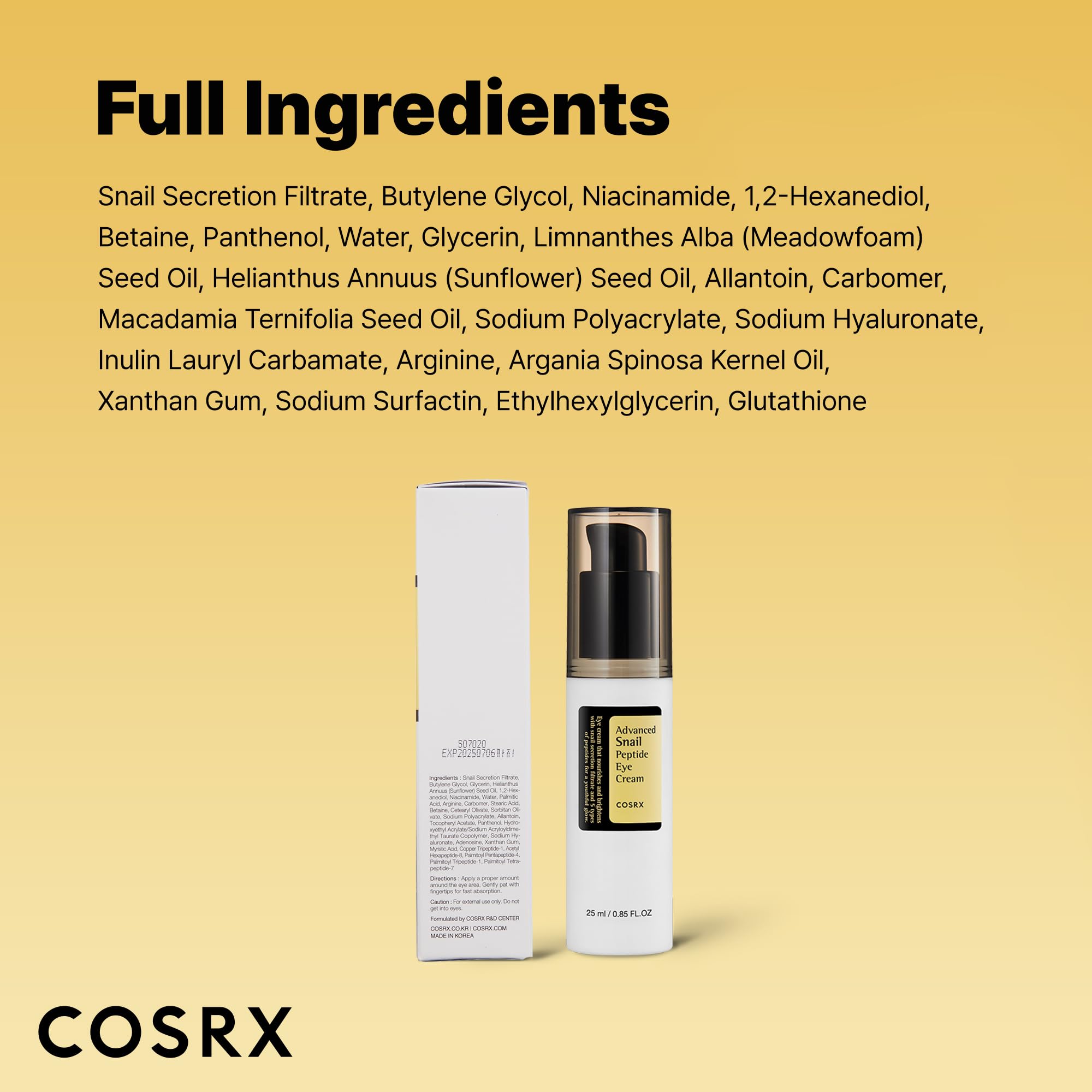 COSRX Snail Mucin Peptide Under Eye Cream, 73.7% Snail Mucin and Niacinamide, Eye Care, Eye Cream Anti Aging, Korean Eye Cream for Dark Circles, Korean Skin Care, 0.84 fl oz