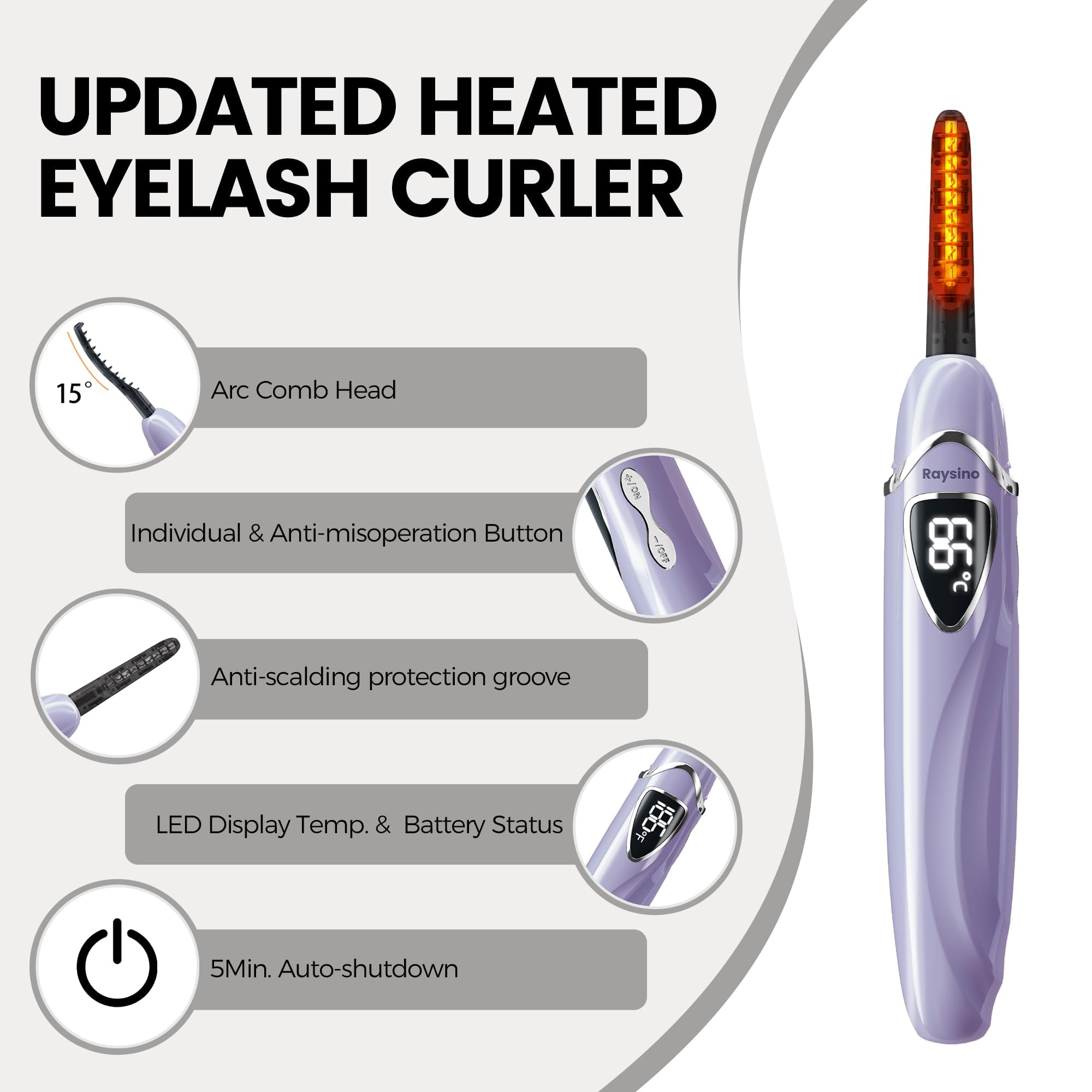 Raysino Heated Eyelash Curler, S600 Rechargeable Heated lash Culer, Eyelash Curer Heated in 8s for 24 Hs Long Lasting Natural Makeup (Lilac/Silver, 148MM)