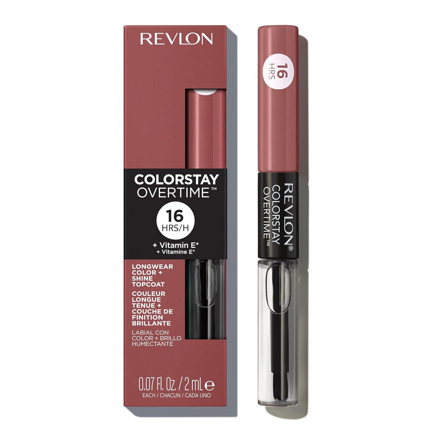 Revlon ColorStay Overtime Liquid Lipstick with Clear Lip Gloss, Long-Lasting Lip Color, Dual Ended with Moisturizing Vitamin E, 350 Bare Maximum, 0.07 fl oz