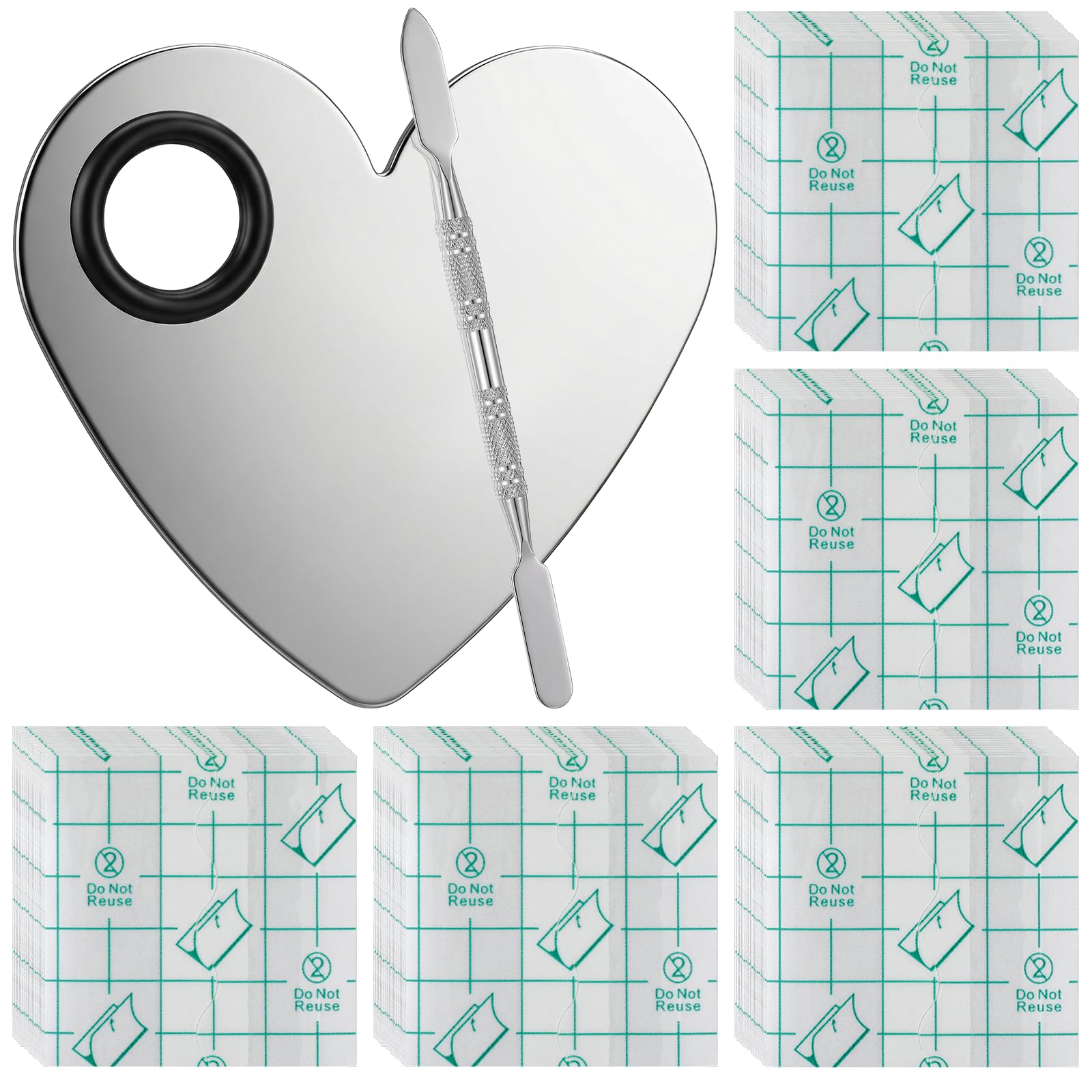 Makeup Mixing Palette Set, Heart Stainless Steel Cosmetics Palette with Spatula & 50PCS Adhesive Makeup Hand Palettes, Foundation Mixing Palettes for Eyeshadow, Lipsticks and Nail Art