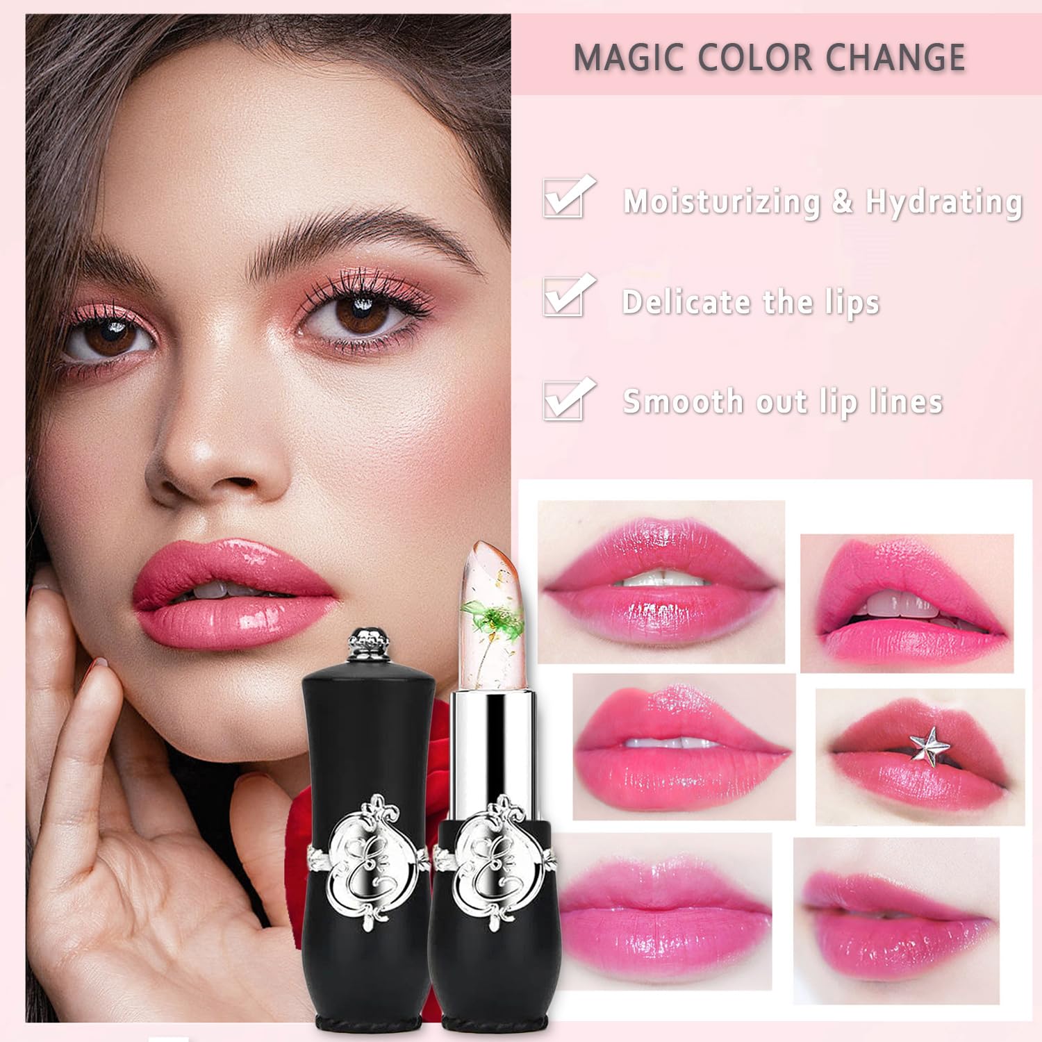 Pack of 6 Crystal Flower Jelly Lipstick, Long Lasting Nutritious Lip Balm Lips Moisturizer Magic Temperature Color Change Lip Gloss, Mothers Day Gifts, Teacher Appreciation Gifts, Small Gifts (Black)