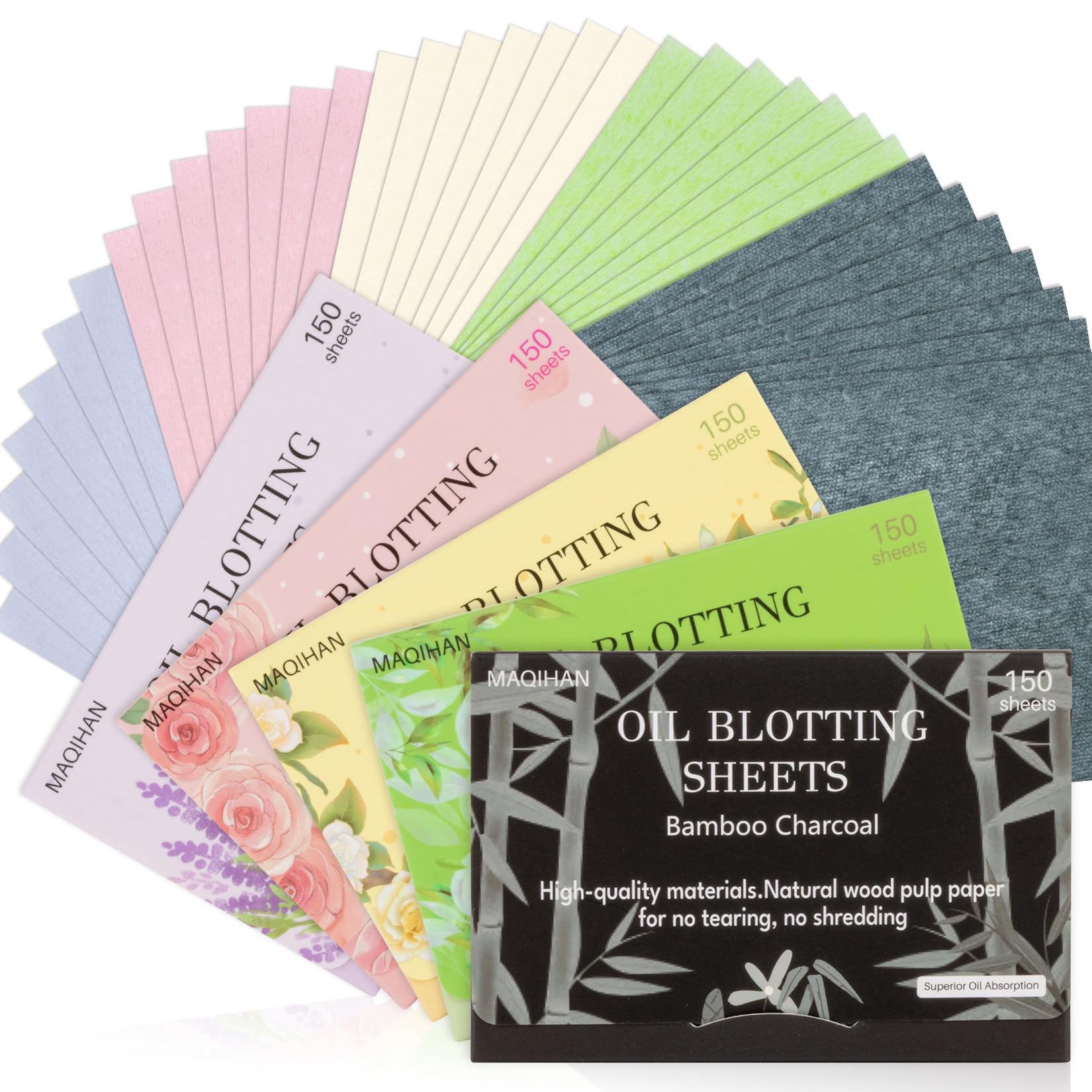 5 Packs Oil Blotting Sheets for Face - MAQIHAN 5 Scents,750 Counts Oil Absorbing Sheets Blotting Paper for Oily Control Skin Paper Face Oil Sheets Premium Bamboo Charcoal Blotter Paper for Women