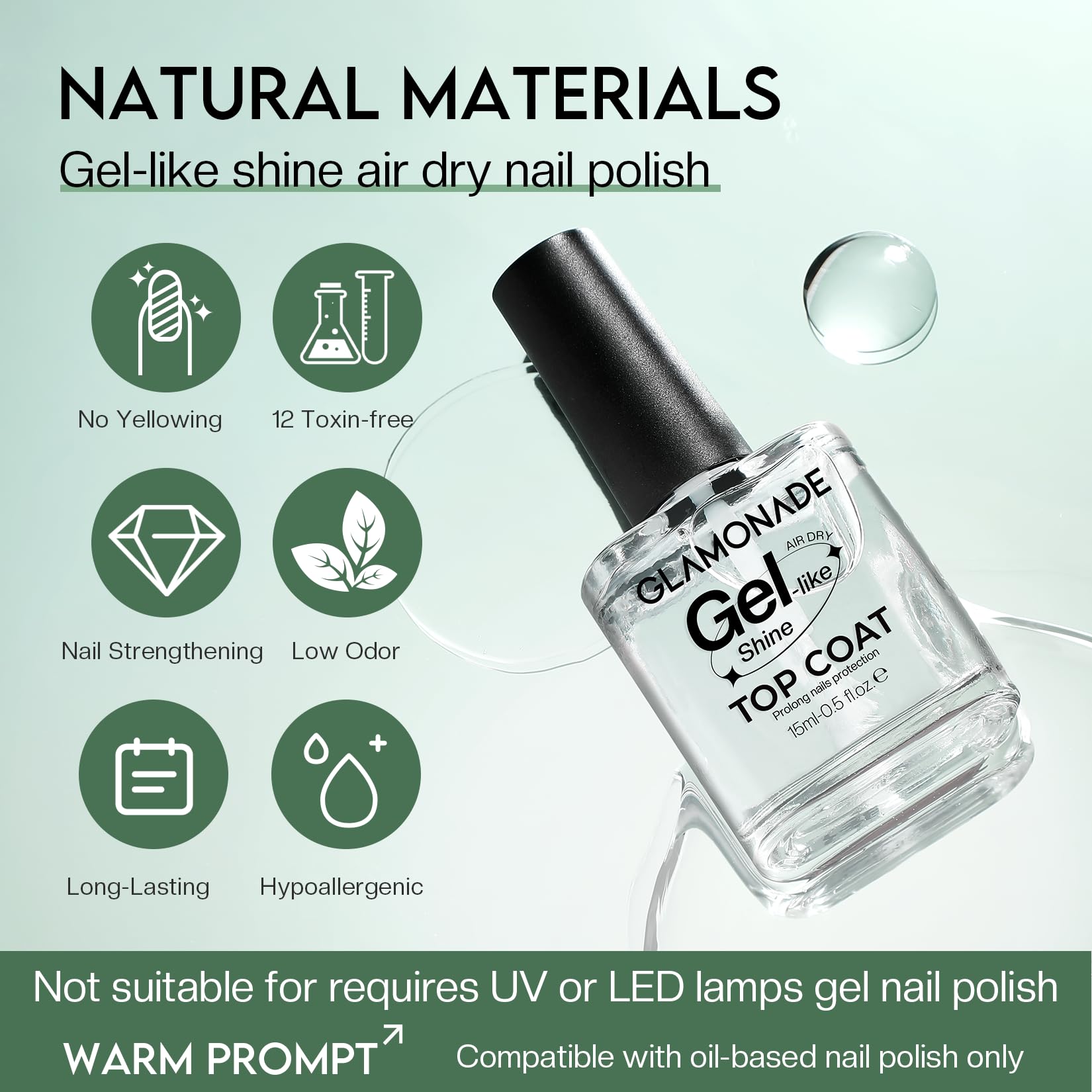 Glamonade Top Coat Nail Polish Clear: Quick Dry Nail Polish No Chip High Shine Long Lasting Glossy Fast Air Dry Top Coat for Nail Art Manicure Salon Quality