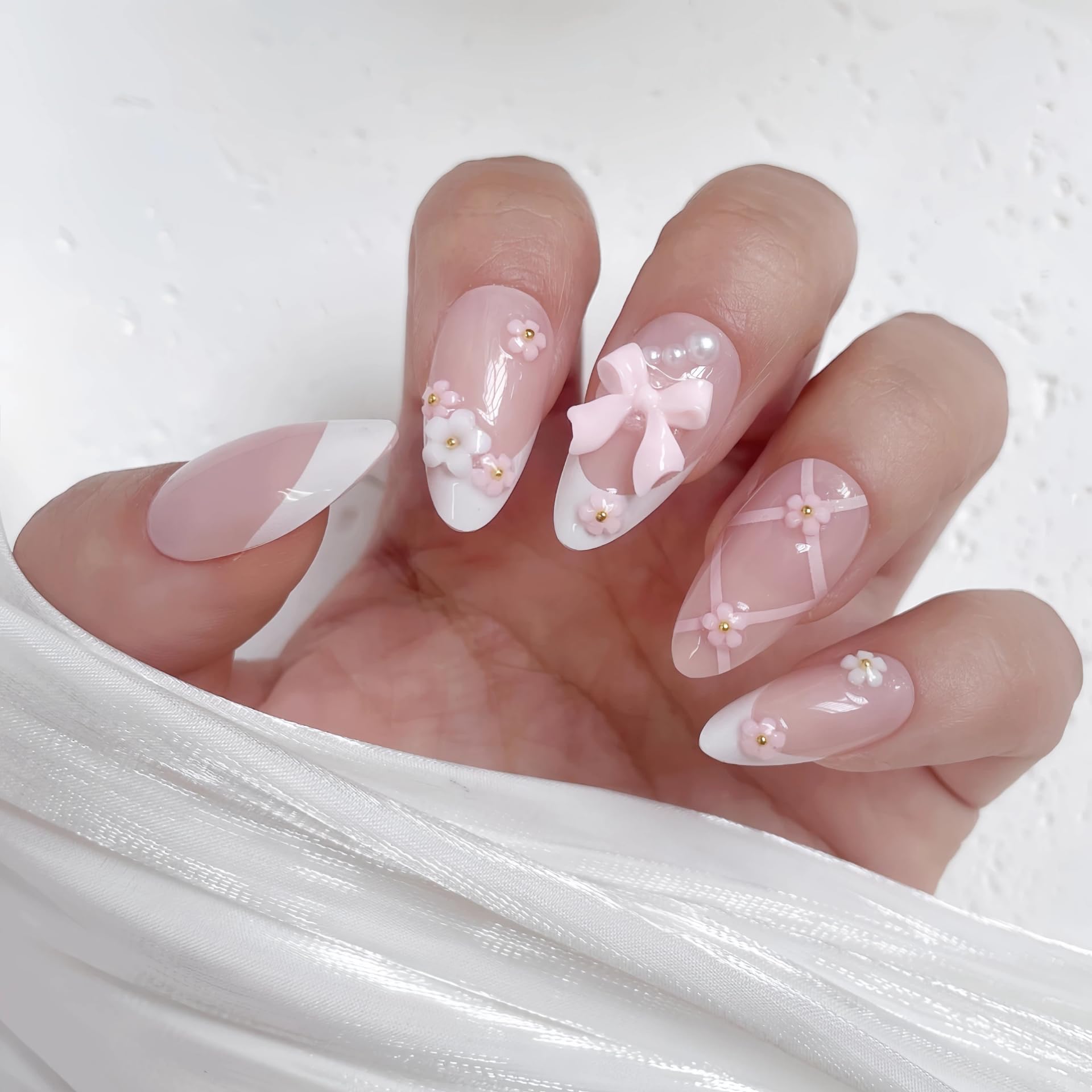 VELINNA Coquette Bow Press-On Nails, 24pcs Blush Pink French Tip Almond Fake Nails with 3D Bow & Pearls, Medium Length Reusable Glue-On Nails Kit for Wedding, Prom & Date