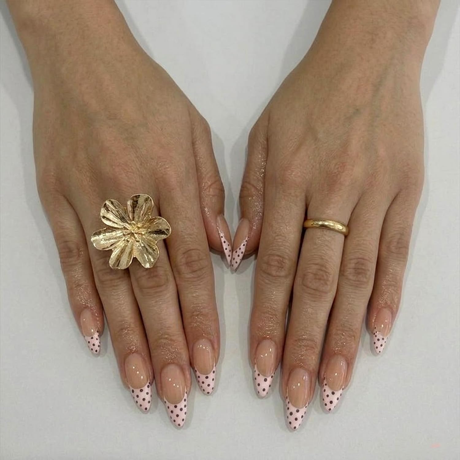 Polka Dot French Tip Press on Nails Long Almond Fake Nails with Designs Nude Pink Full cover Stick on False Nail Set for Women 24 Pcs