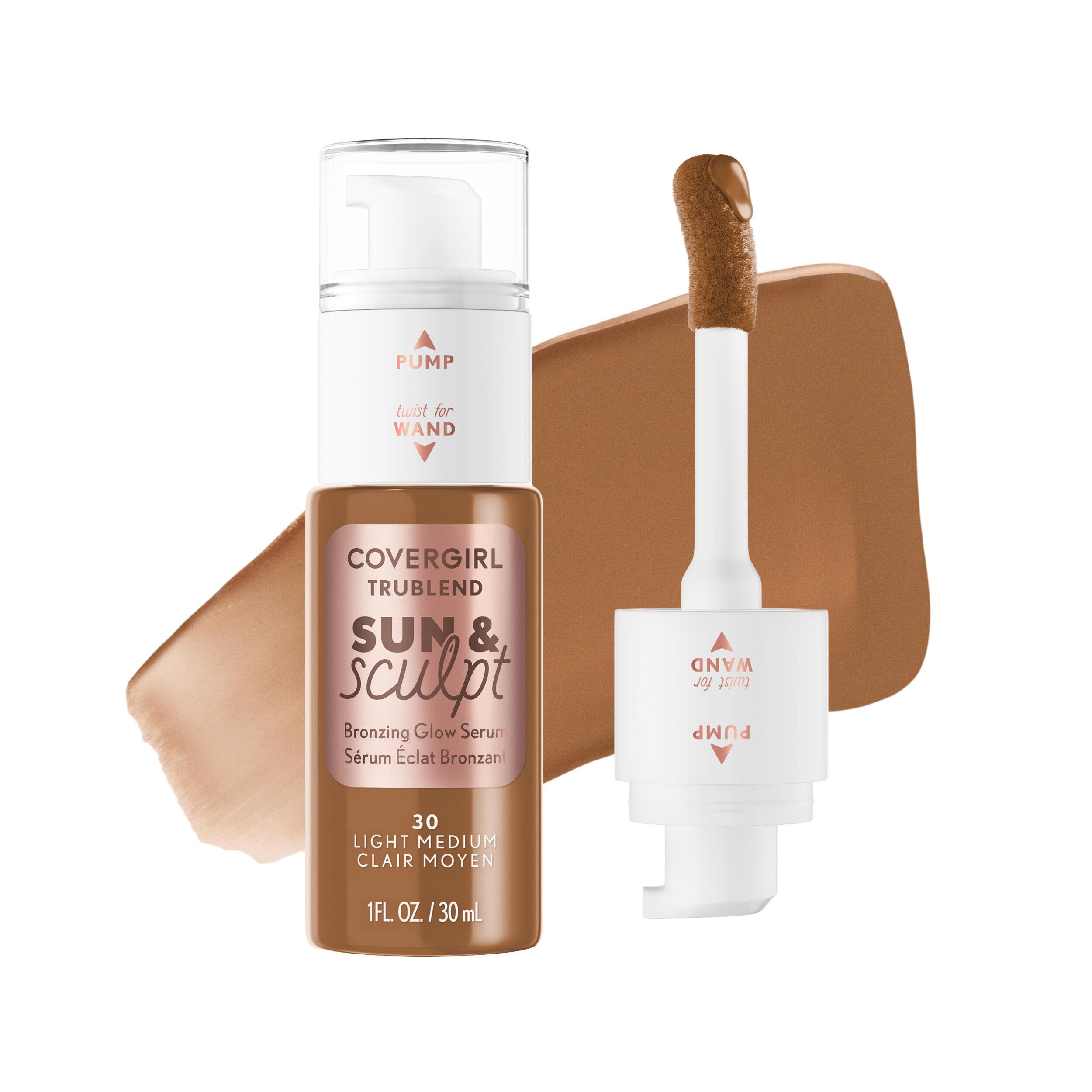 COVERGIRL TruBlend Sun & Sculpt Bronzing Glow Serum, Buildable, Radiant Glow, Wand and Pump Applicator - 30 Light Medium