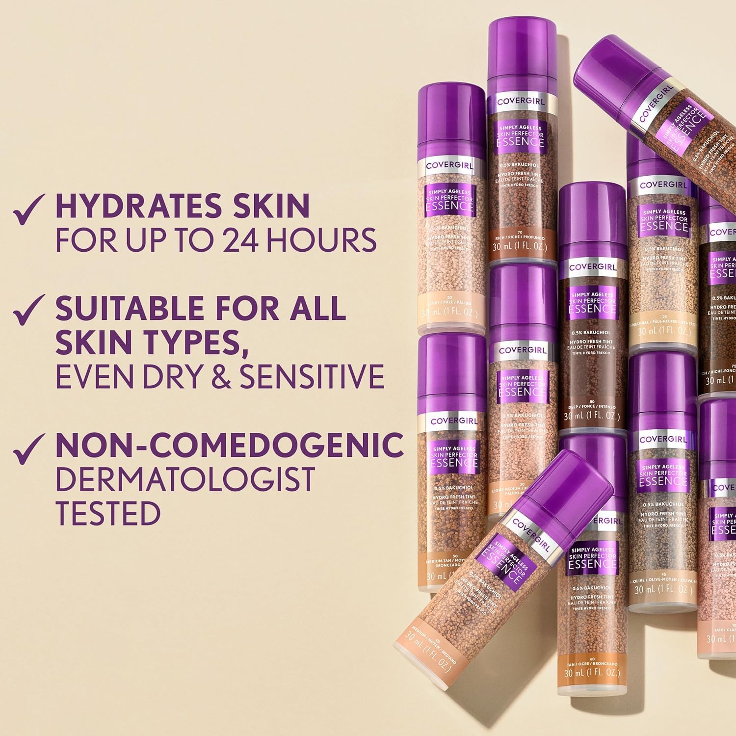 Covergirl Simply Ageless Skin Perfector Essence Foundation, 30 Light-Medium,Tinted Skincare Makeup Hybrid, Sheer Tint, Radiant Finish, Glowy Finish, Vegan Formula, 1.0oz