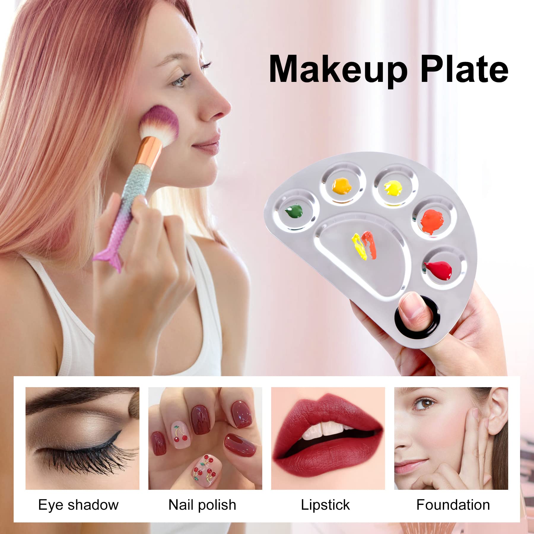 Stainless Steel Metal Makeup Palette with Spatula Artist Tool for Mixing Foundation Nail-Art, Cosmetic Makeup Palette, Makeup Plate, 6×4"/Silver/2pcs