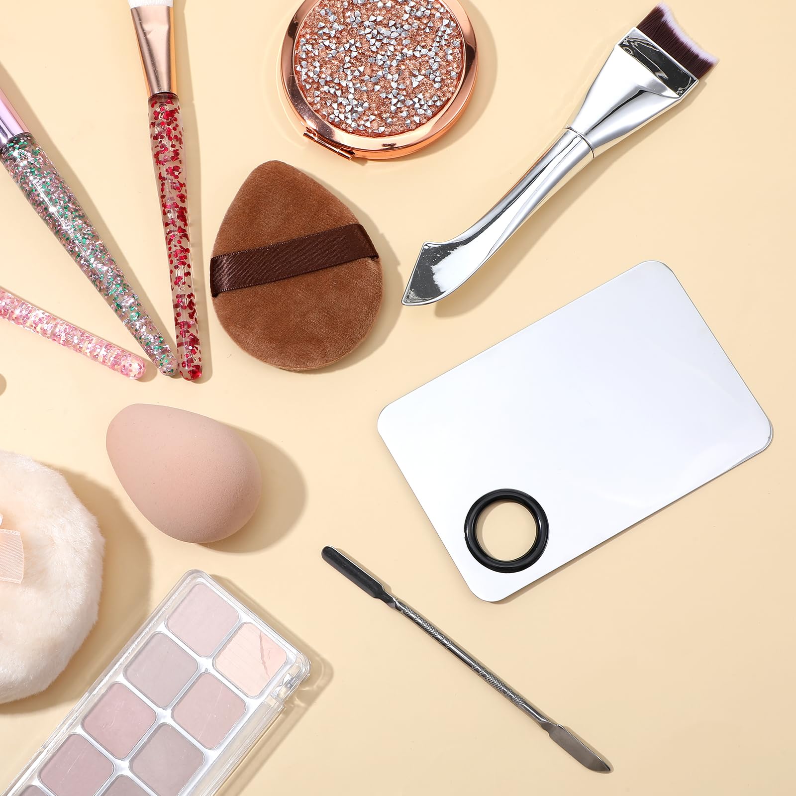 Matwsec 3PCS Makeup Mixing Palette Foundation Palette with Foundation Spatula and Double-Ended Makeup Brush for Women Facial Cosmetic Nail Art Pigment Blending