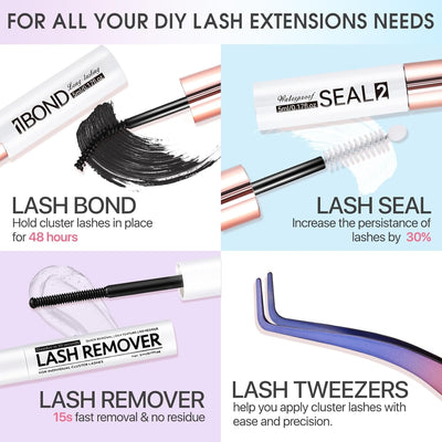 3 PCS Lash Kit Bond and Seal with Tweezers Remover Kit, DIY Eyelash Glue and Lash Applicator Tool Cluster Glue Remover Fast Removal with No Residue