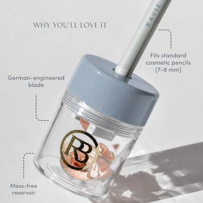 Ravie Beauty Lip and Eye Liner Pencil Sharpener with German Blade and Mess Free Reservoir for Smooth Precise Tips, Travel Friendly for Standard Makeup Pencils (Gray)