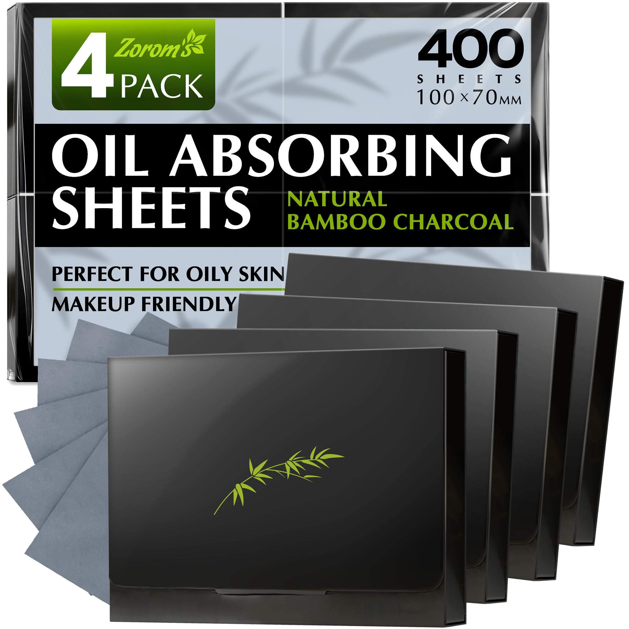 Natural Oil Blotting Sheets for Face with Bamboo Charcoal - 4pk/400 Makeup Friendly Oil Absorbing Sheets for Face - Blotting Papers for Oily Skin - Perfect for Keeping in Purse - Oil Control Film