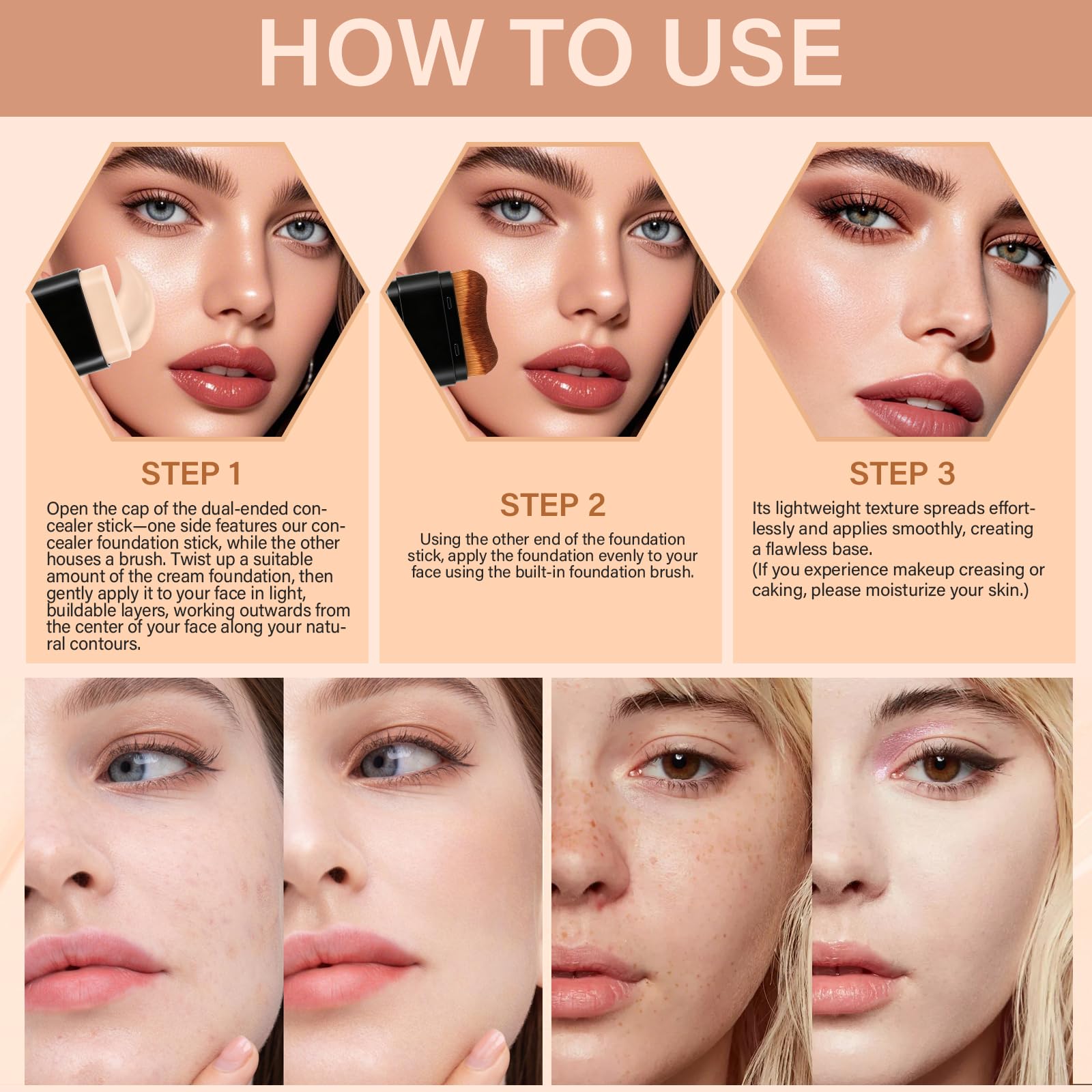 Zaidoc Foundation Stick, Dual-Ended with Brush, 2-in-1 Longwear & Waterproof, Natural Full Makeup Concealer Coverage for Dark Circles & Blemishes with Hydrating Olive & Camellia, 2.09 oz (04#)