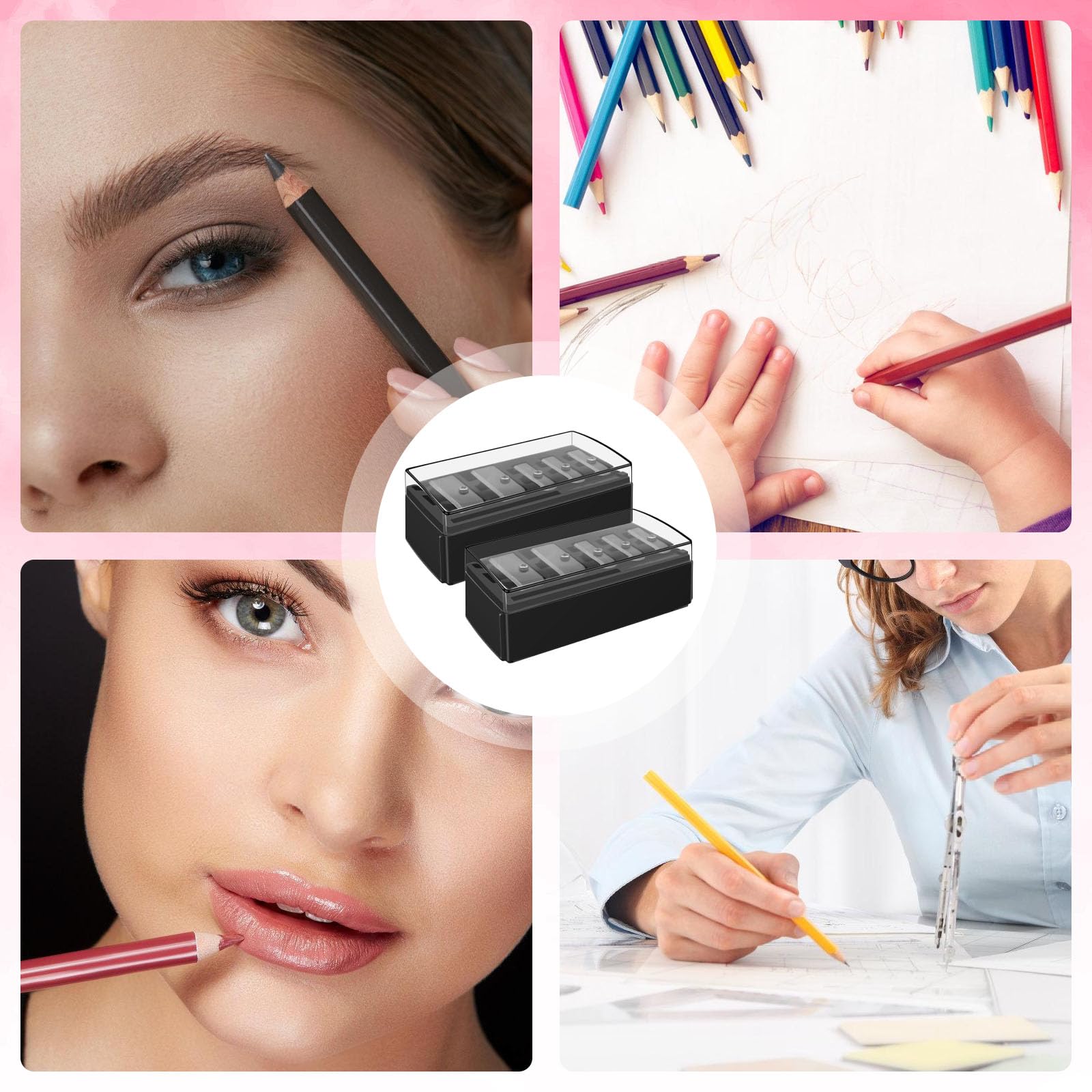 2-Pack 5 Hole Cosmetic Pencil Sharpener, Makeup Pencil Sharpener with Lid-Long Point Eyeliner Sharpener,Eyebrow and Lip Liner Sharpener for Women,Portable Manual Makeup Tool (Black)