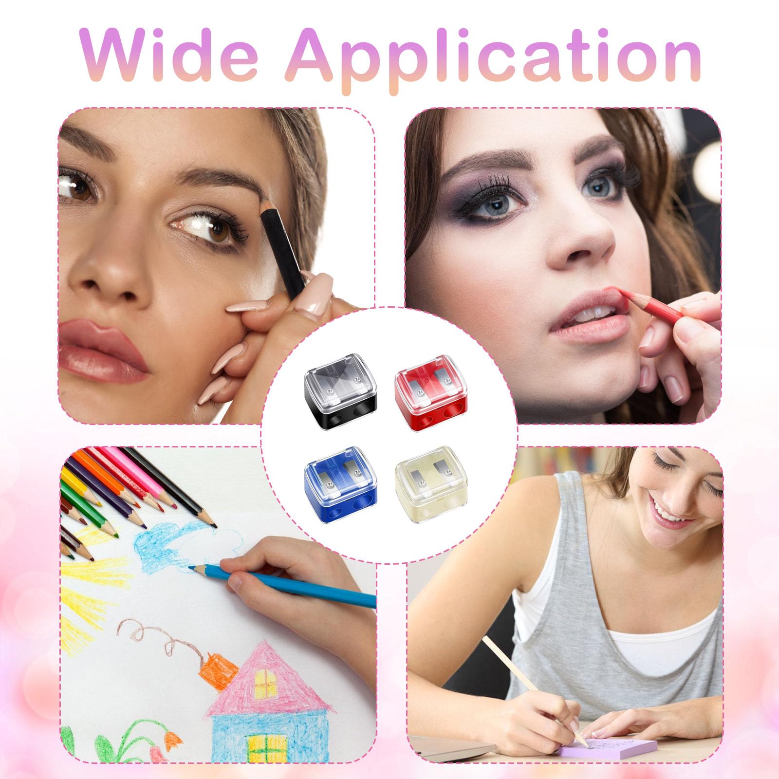 Makeup Pencil Sharpener, 4 Pack Dual Hole Cosmetic Pencil Sharpener for Lip Liner Eyeliner and Brow Pencils, Cosmetic Manual Tools for Women and Makeup Artists,Stainless Steel Blades and Plastic Cover