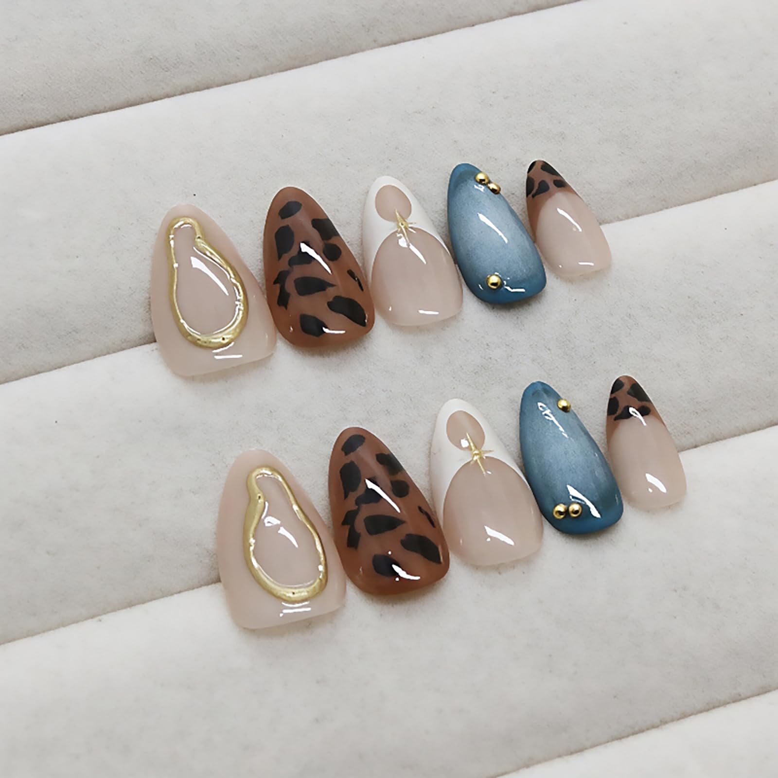 24Pcs Medium Almond Press on Nails French Tip Fake Nails with Brown Leopard Gold Line Design Glossy Reusable False Nail Artificial Acrylic Nails Press ons Holiday Stick on Nails for Women DIY Manicure