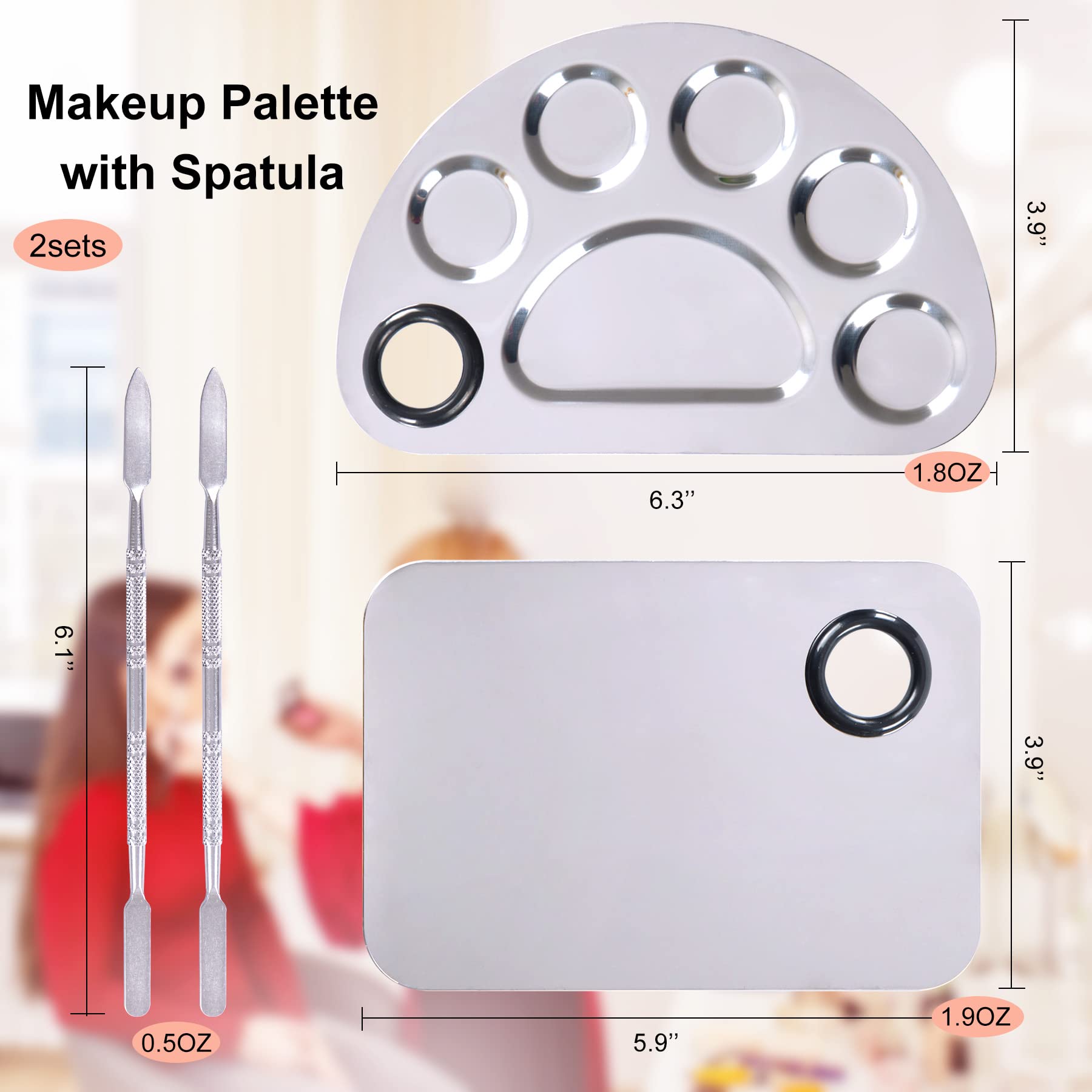 Stainless Steel Metal Makeup Palette with Spatula Artist Tool for Mixing Foundation Nail-Art, Cosmetic Makeup Palette, Makeup Plate, 6×4"/Silver/2pcs