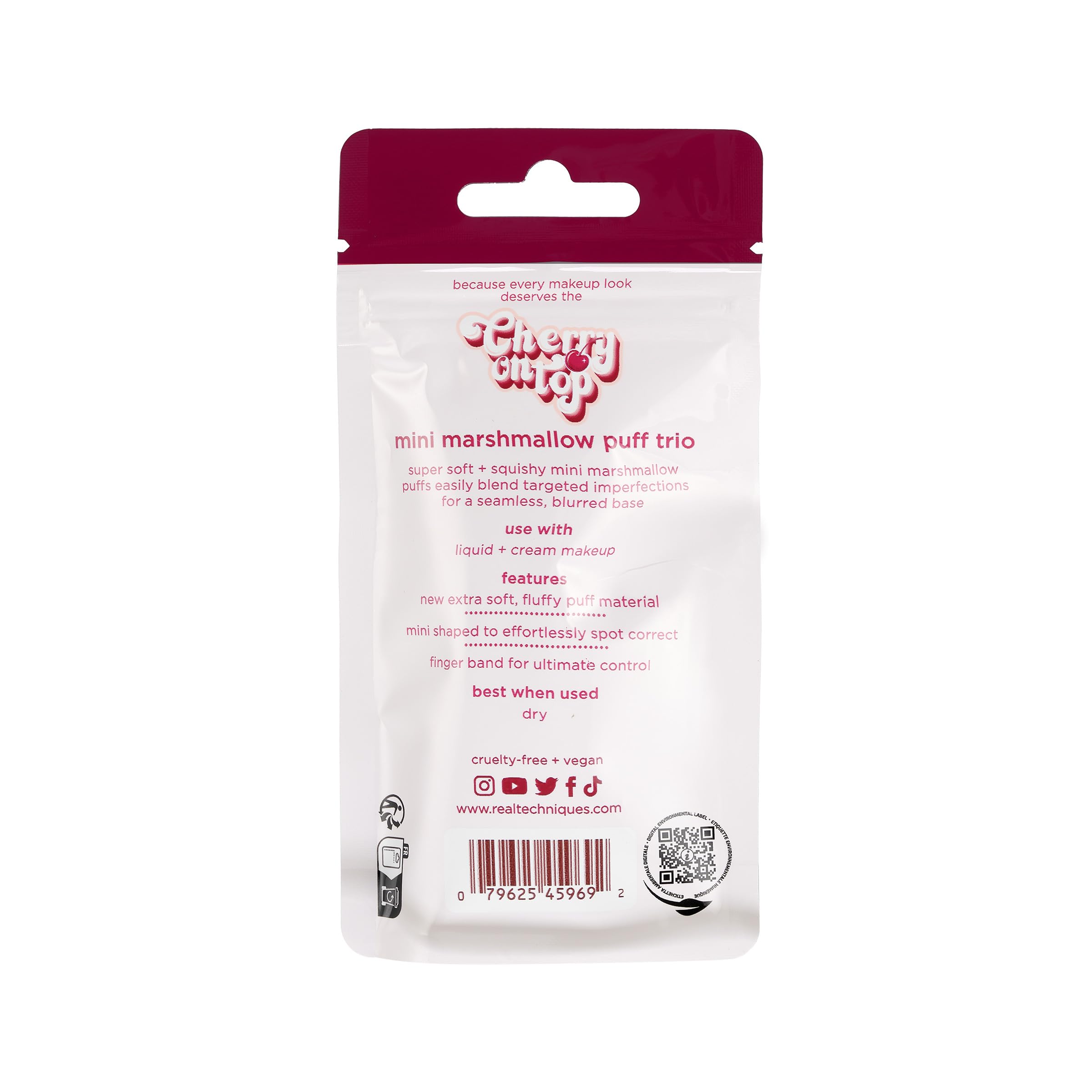 Real Techniques Cherry On Top Mini Marshmallow Puff Trio, Mini Makeup Puffs For Concealer & Foundation, Spot Correcting & Blending, Dry Use Beauty Sponge, Travel Size, Vegan & Cruelty-Free, 3 Count
