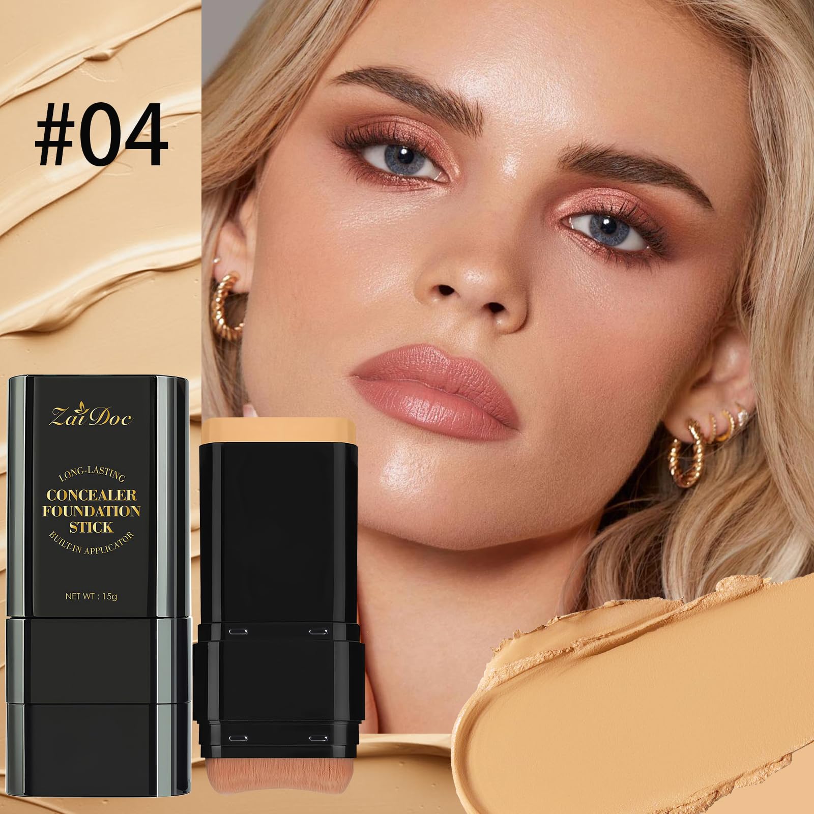 Zaidoc Foundation Stick, Dual-Ended with Brush, 2-in-1 Longwear & Waterproof, Natural Full Makeup Concealer Coverage for Dark Circles & Blemishes with Hydrating Olive & Camellia, 2.09 oz (04#)
