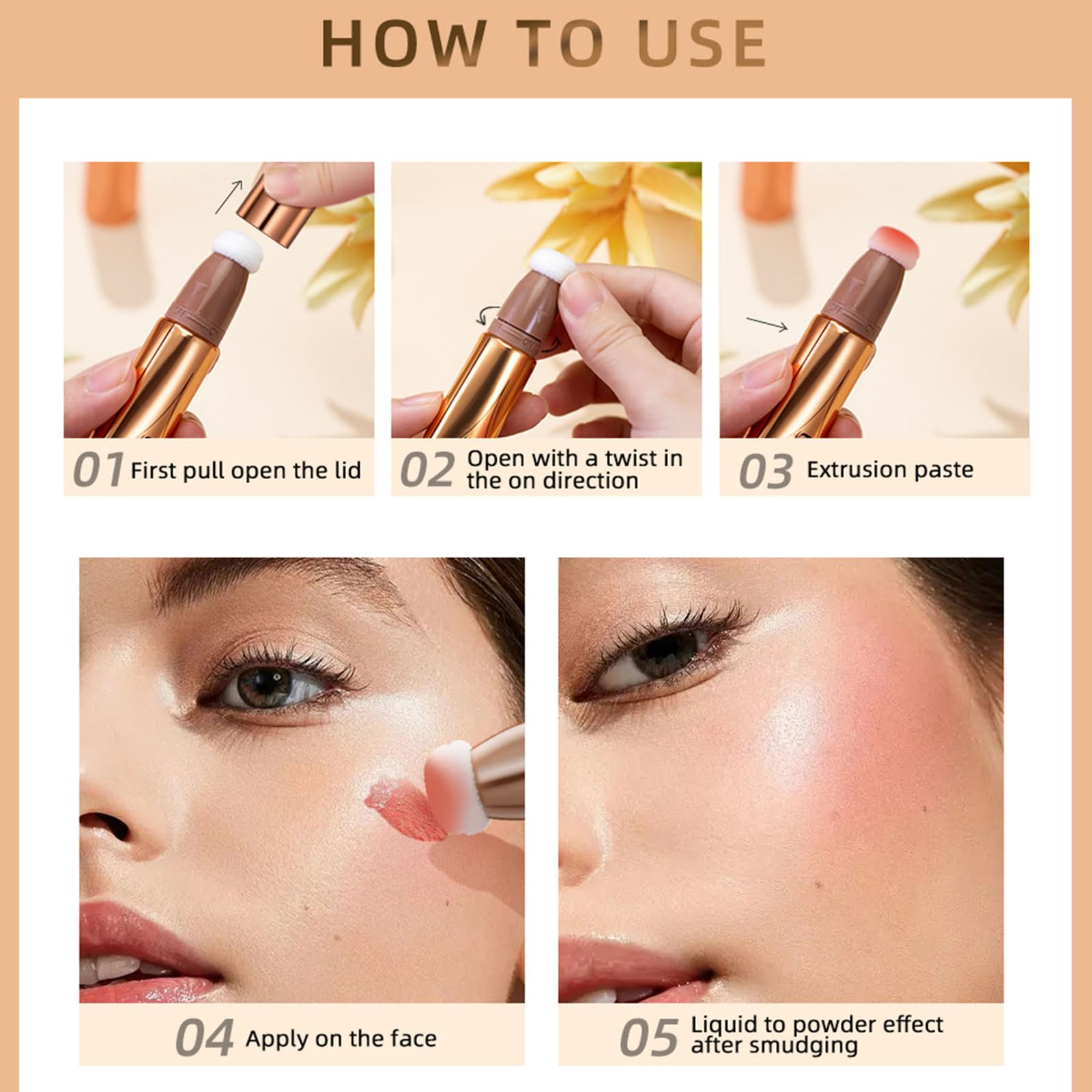 4PCS Contour Stick With Cushion Applicator,Liquid Wand,Cream Smooth,Bronzer Stick Lightweight for Face