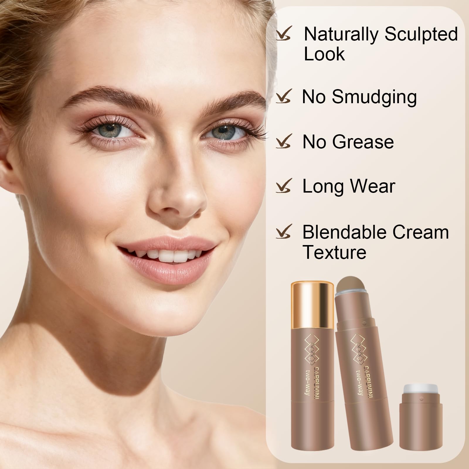 Cool Toned Cream Contour Stick for Fair Light Pale Skin, Grey Nose Contour Makeup Built-in Sponge, Smooth Long Lasting Bronzer, Blendable Lightweight Contouring Stick #01 Cool Ash Brown
