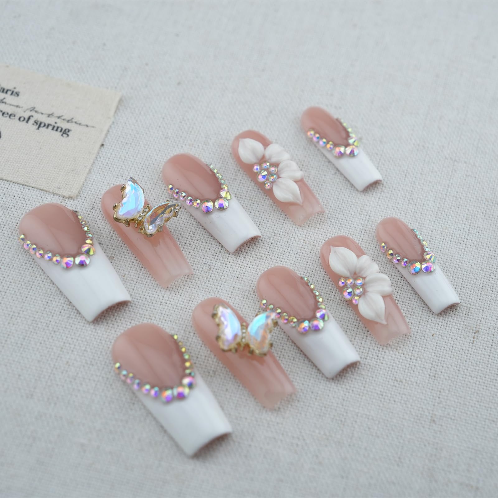 Luxury Handmade Press on Nails - Long Square White French Tips Press on Nai,l with Almond 3D Rhinestones, Flowers & Butterflies, Acrylic Multi-Layer Gel False Nails for Women (10Pcs) S SIZE