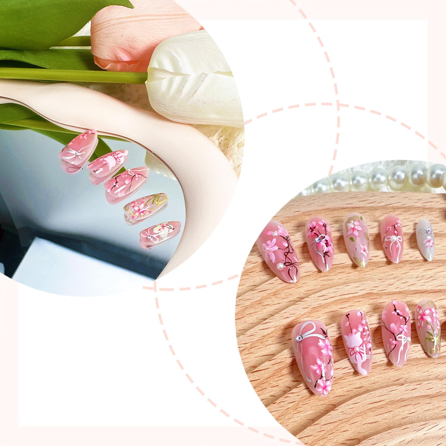 FDSQHSA 30pcs Pink Flower Cute Cat Almond Acrylic Press-On False Nails Kit with Rhinestone Pearl Designs, Bow, Summer Floral Nail Decoration