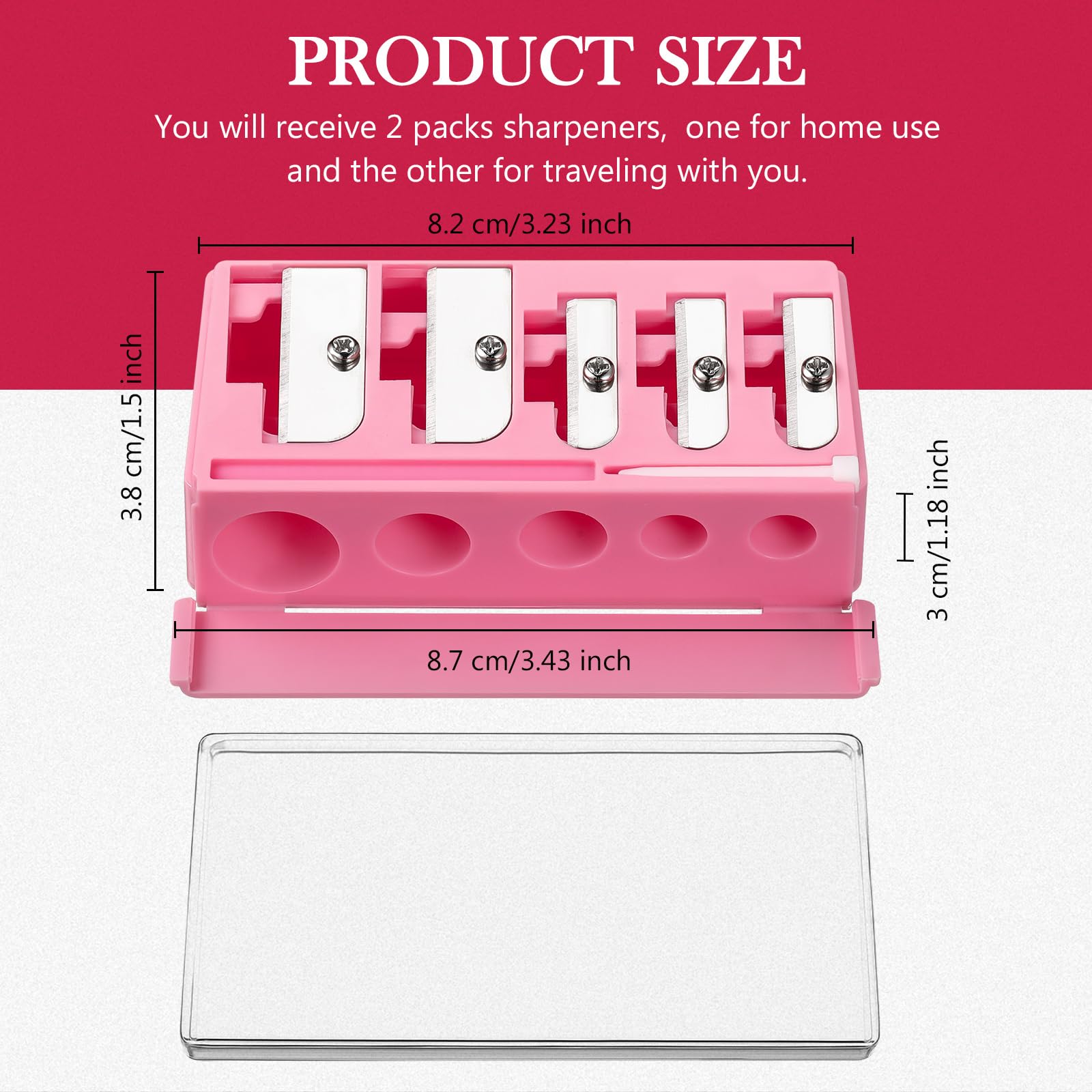 Honoson 2 Pcs 5 Hole Cosmetic Long Point Manual Pencil Sharpener with Plastic Lid Makeup Eyeliner Pencil Sharpener(Hot Pink)