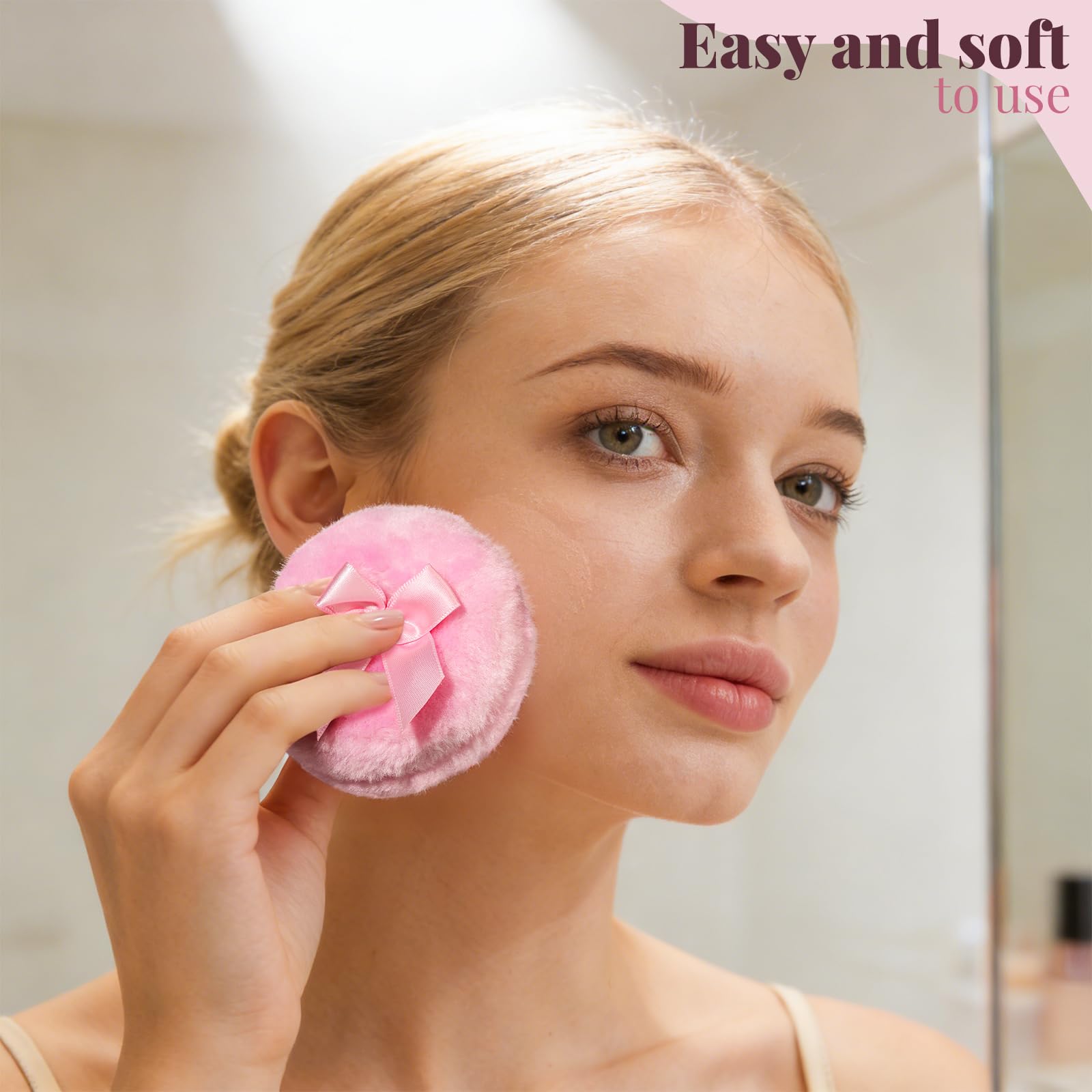 Teenitor 4pcs Powder Puff Soft Powder Puff and Container, Dusting Powder Container with Puff, Glass Crystal Case for Soft Velour Body Powder Puff Pink