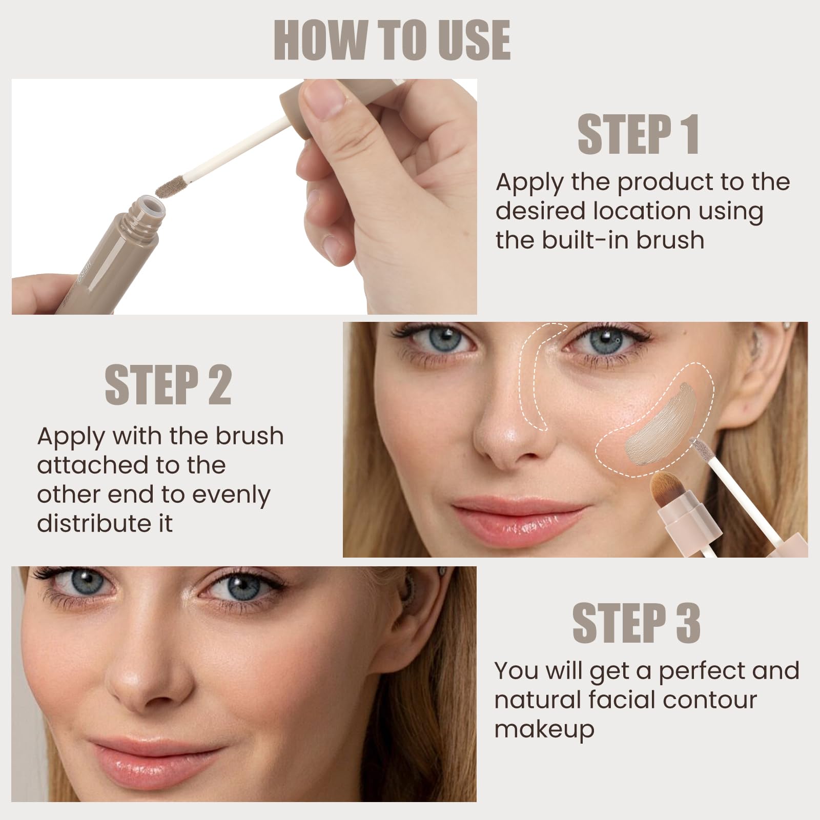 Cool Toned Liquid Contour Stick with Brush, Cool Grey Brown Cream Contour Bronzer Makeup Stick for Long Lasting Blendable Matte Face Nose-Contour Makeup, Contorno Maquillaje (#01)
