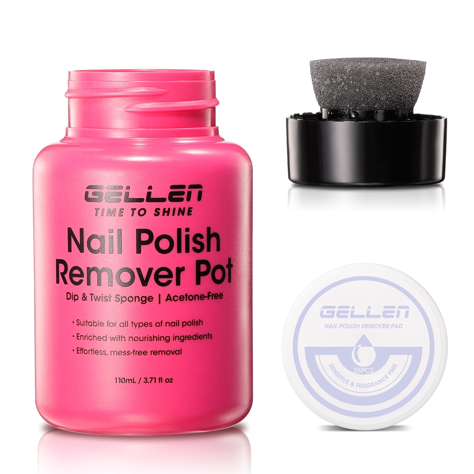 GELLEN Nail Polish Remover Jar, Dip Twist Sponge Nail Polish Remover Pot For Fingernails, Fragrance Acetone Free, Non-drying Formula Shea Butter & Vitamin E, 5-9s Quick Removal, Non-toxic