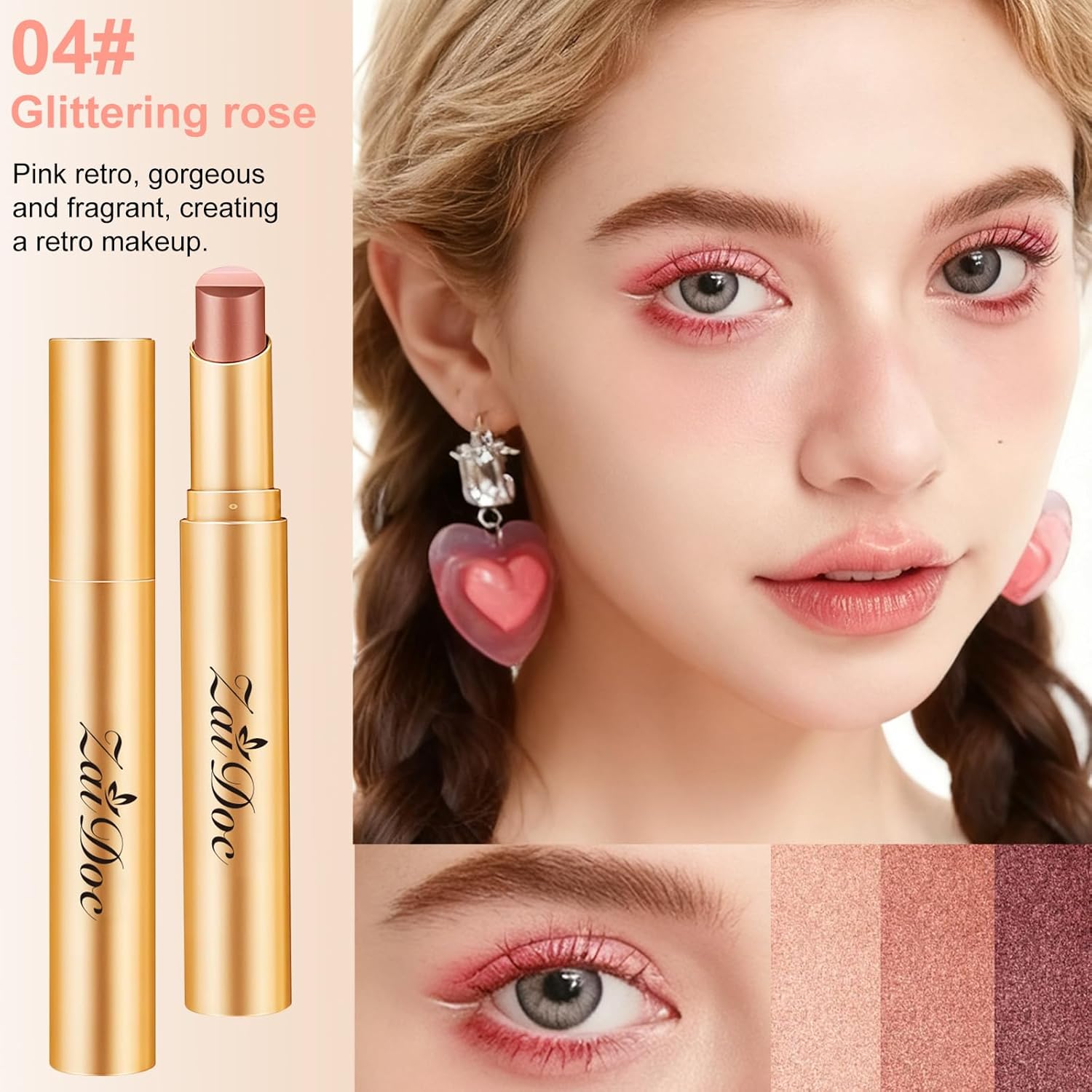 3 Color Eyeshadow Stick, Long Lasting & Waterproof Creamy Eye Shadow, with Vitamin E Makeup for Day & Night Look, caffeine orange, 1.13 Oz (Glittering rose)